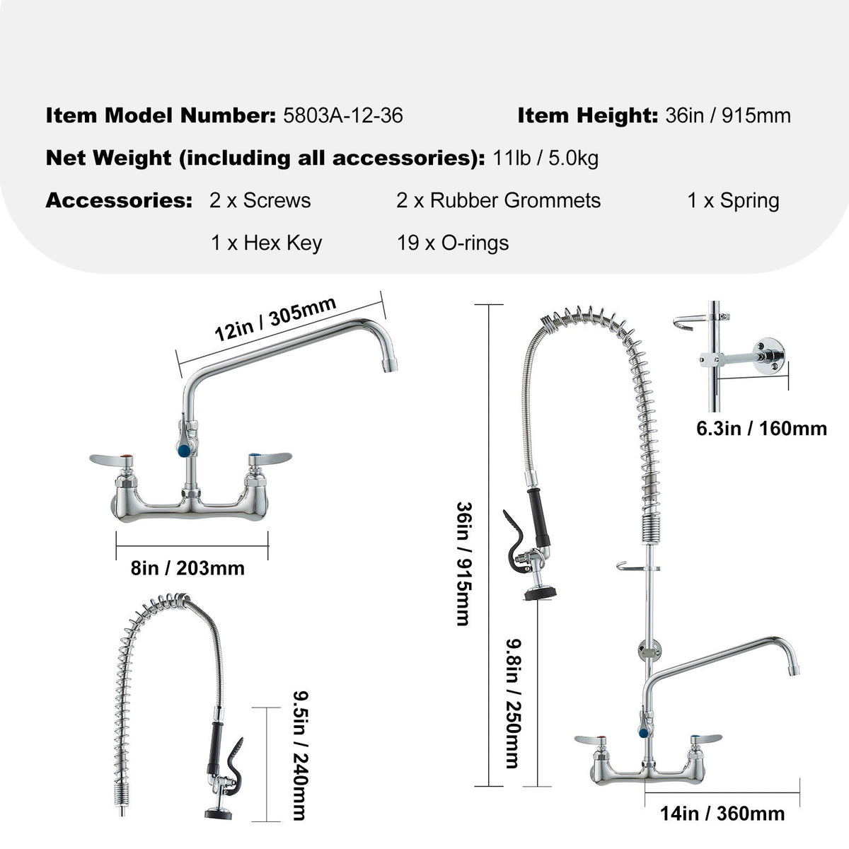 Commercial Faucet with Pre-Rinse Sprayer, 36' Height, 8' Center, 12' Swing Spout, Wall Mount Kitchen Sink Faucet, Brass Constructed Device with Pull Down Spray, for 1/2/3 Compartment Sink