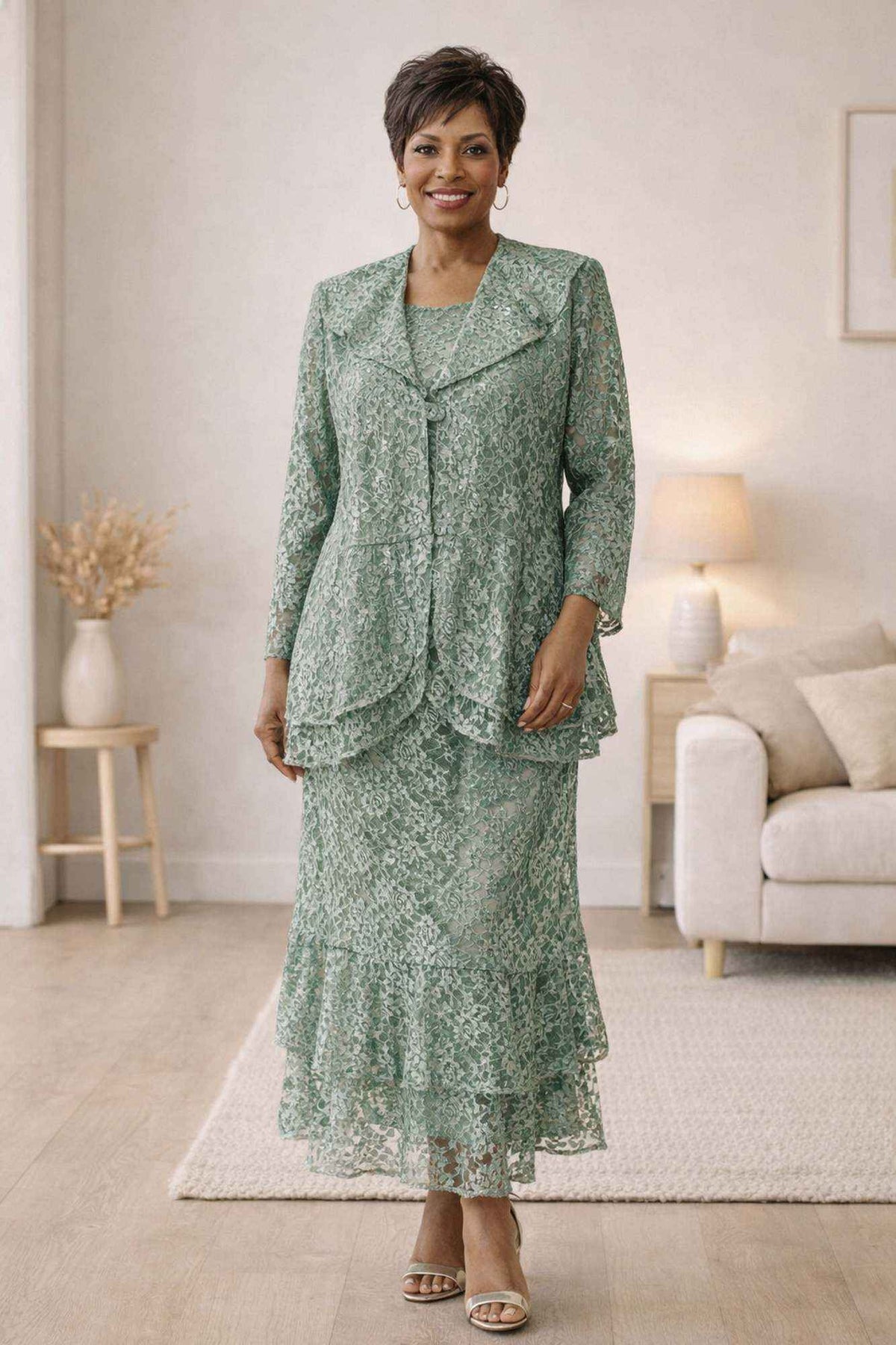 CLEARANCE - Hosanna 5616 Modest 3-Piece Set Ankle Length Lace Pink Dress (Size XL)