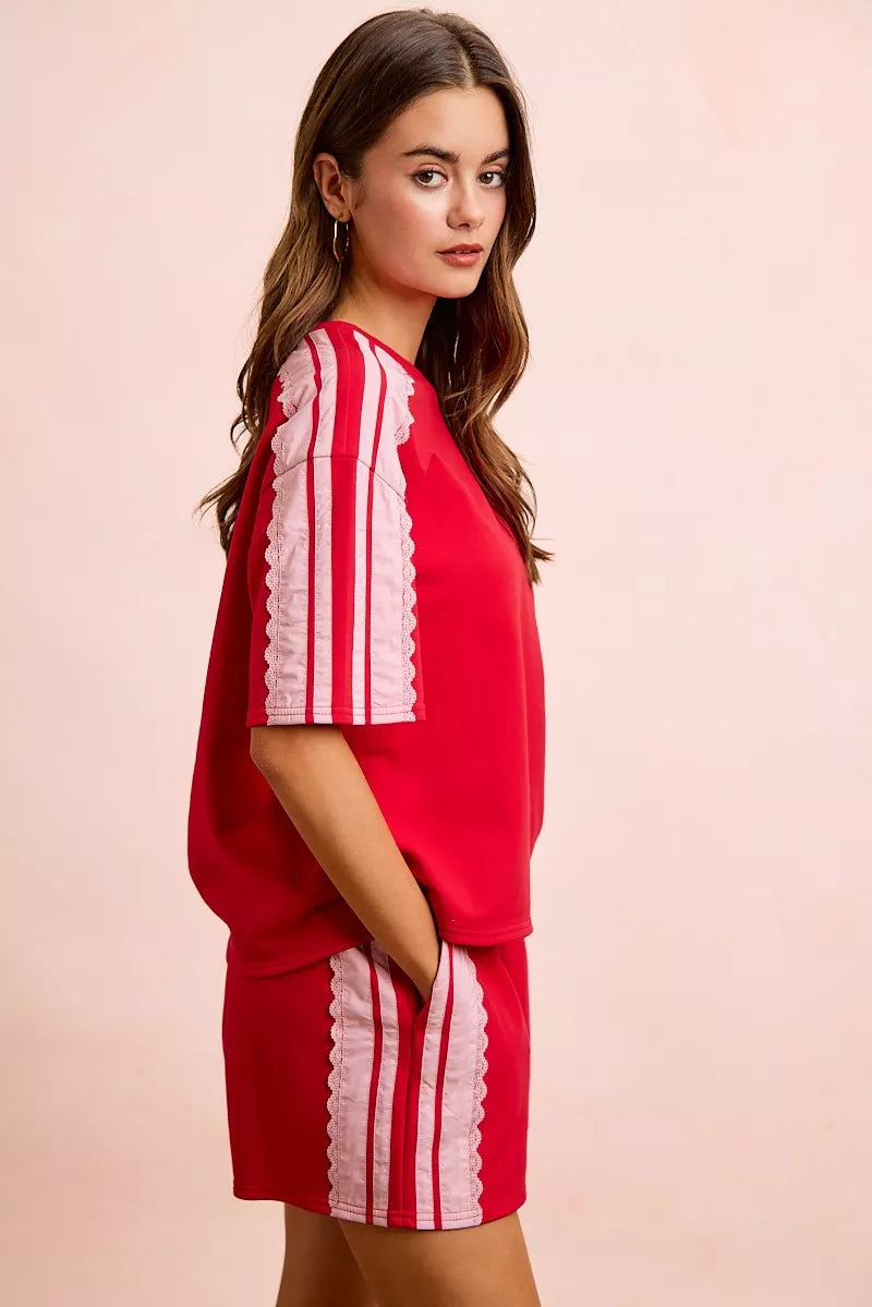 BiBi French Terry Side Lace Detail Short Sleeves Top