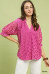 Umgee Linen V-Neck Lace Puff Sleeve Top
