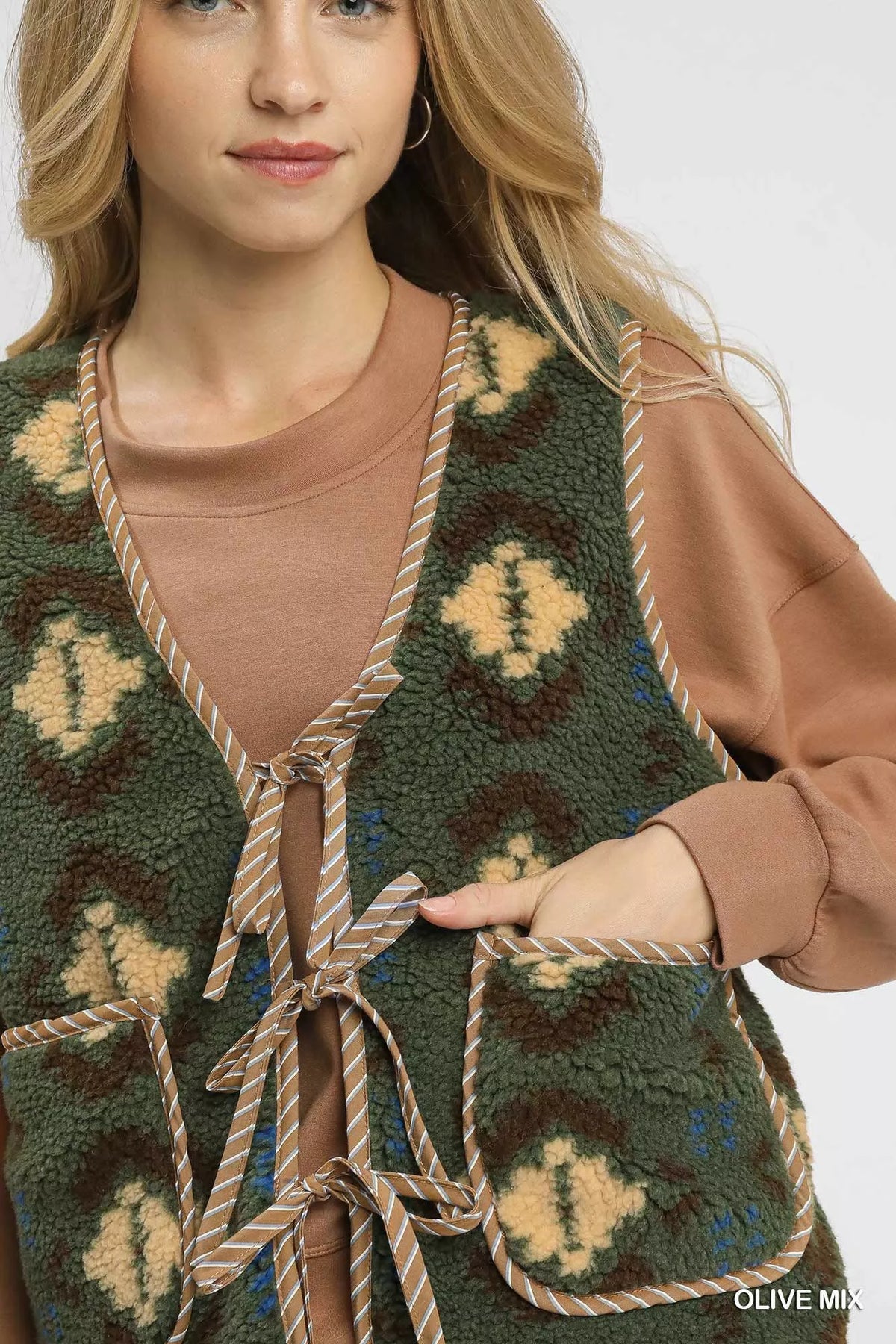Umgee Mix Patterned Sherpa Tie-Front Vest