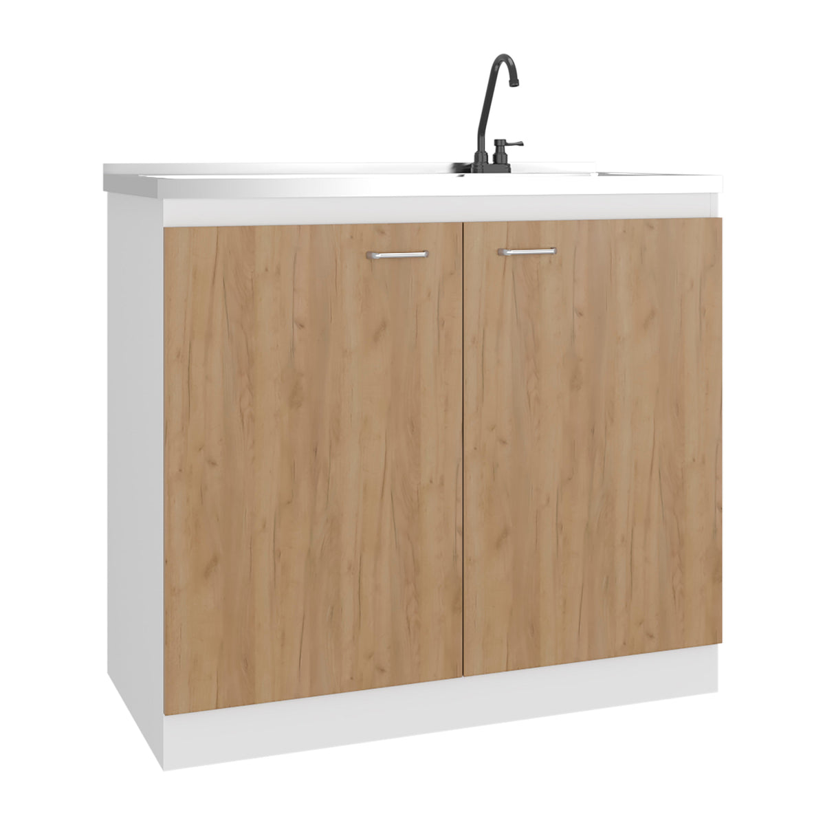 Salento Freestanding Sink, Double Door Cabinet, Two Shelves, White / Natural Oak