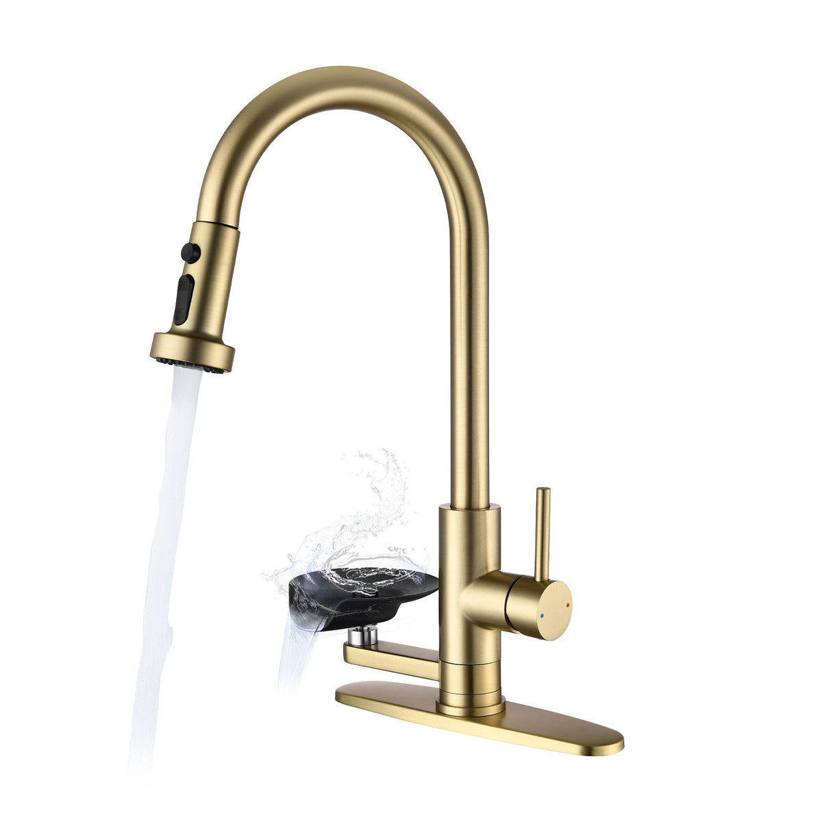 3-in-1 Kitchen Faucet with Press-Type Glass Rinser, Brushed Gold Finish, High-Arc Pull-Down Sprayer, Universal for 1 & 3 Holes, Stainless Steel and ABS Construction