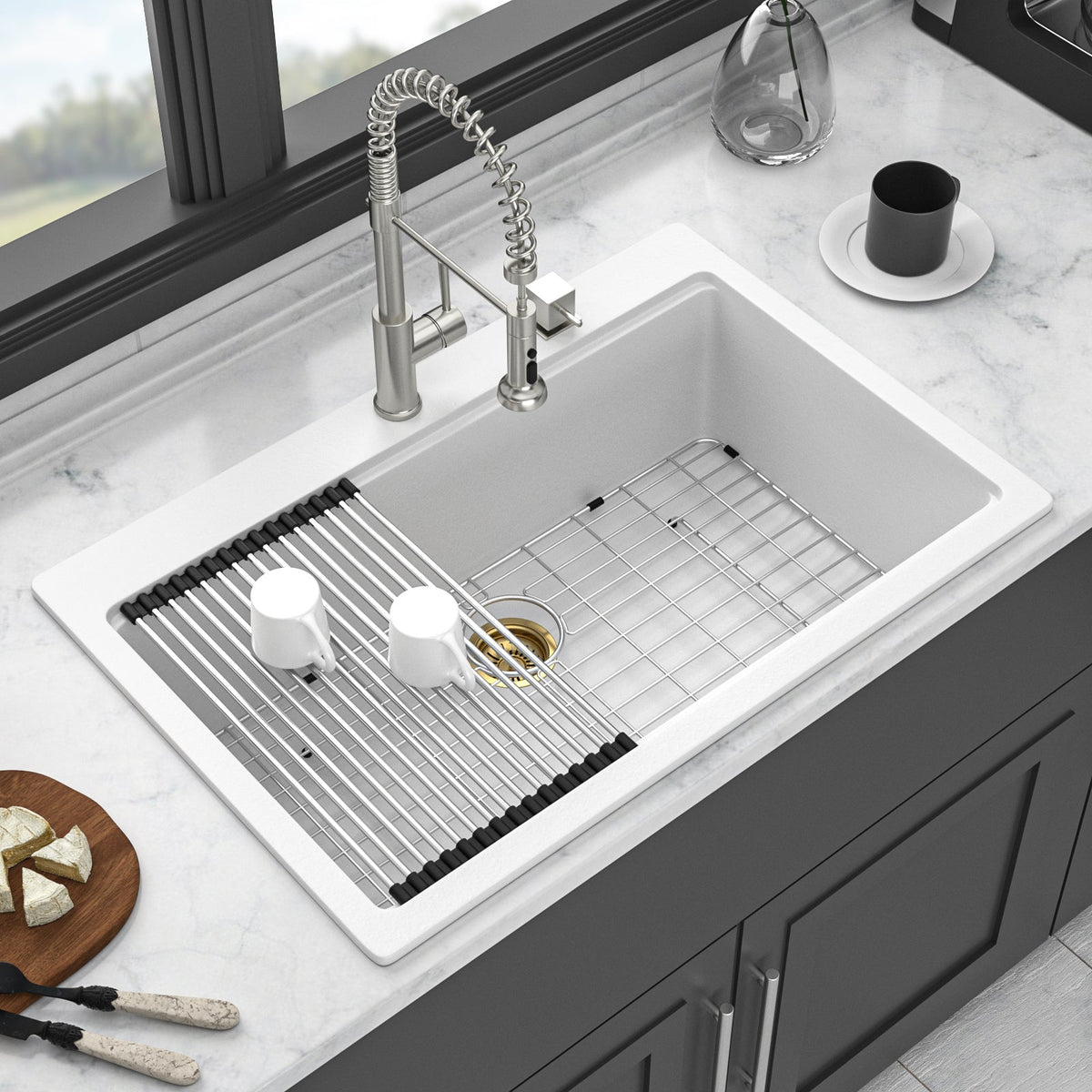 33 x 22 Inches White Granite Composite Quartz Kitchen Sink with Workstation Features and Drop-In Design