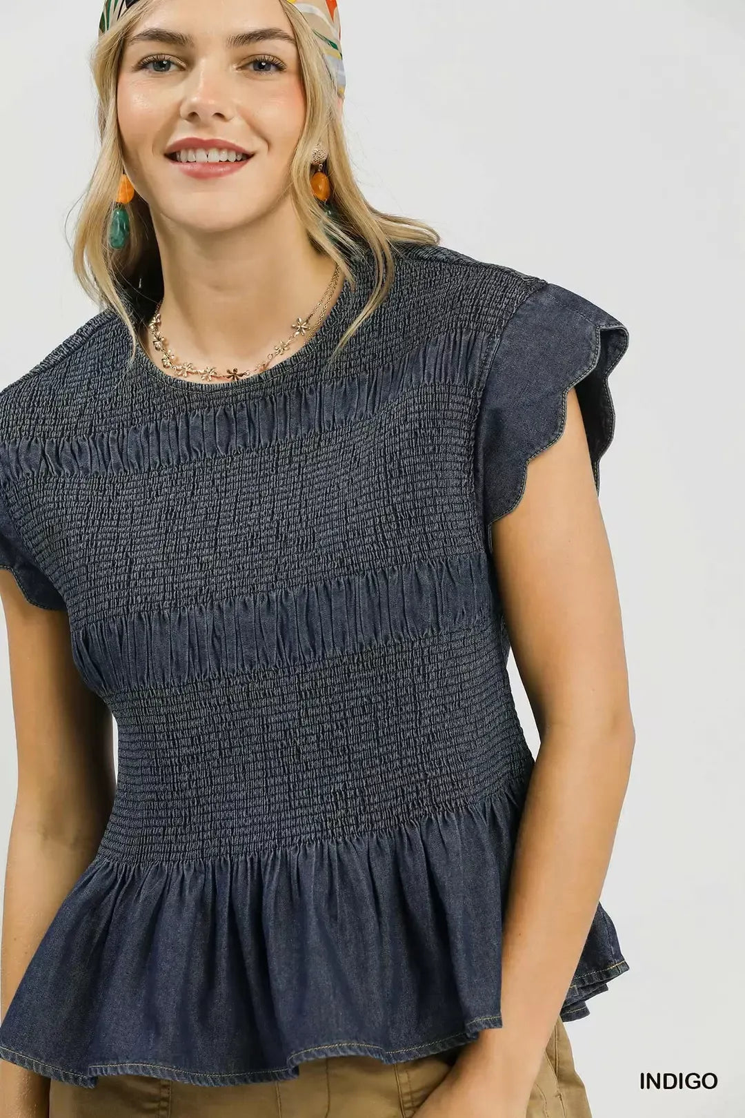 Umgee Smocked Peplum Top with Scalloped Ruffle Cap Sleeves