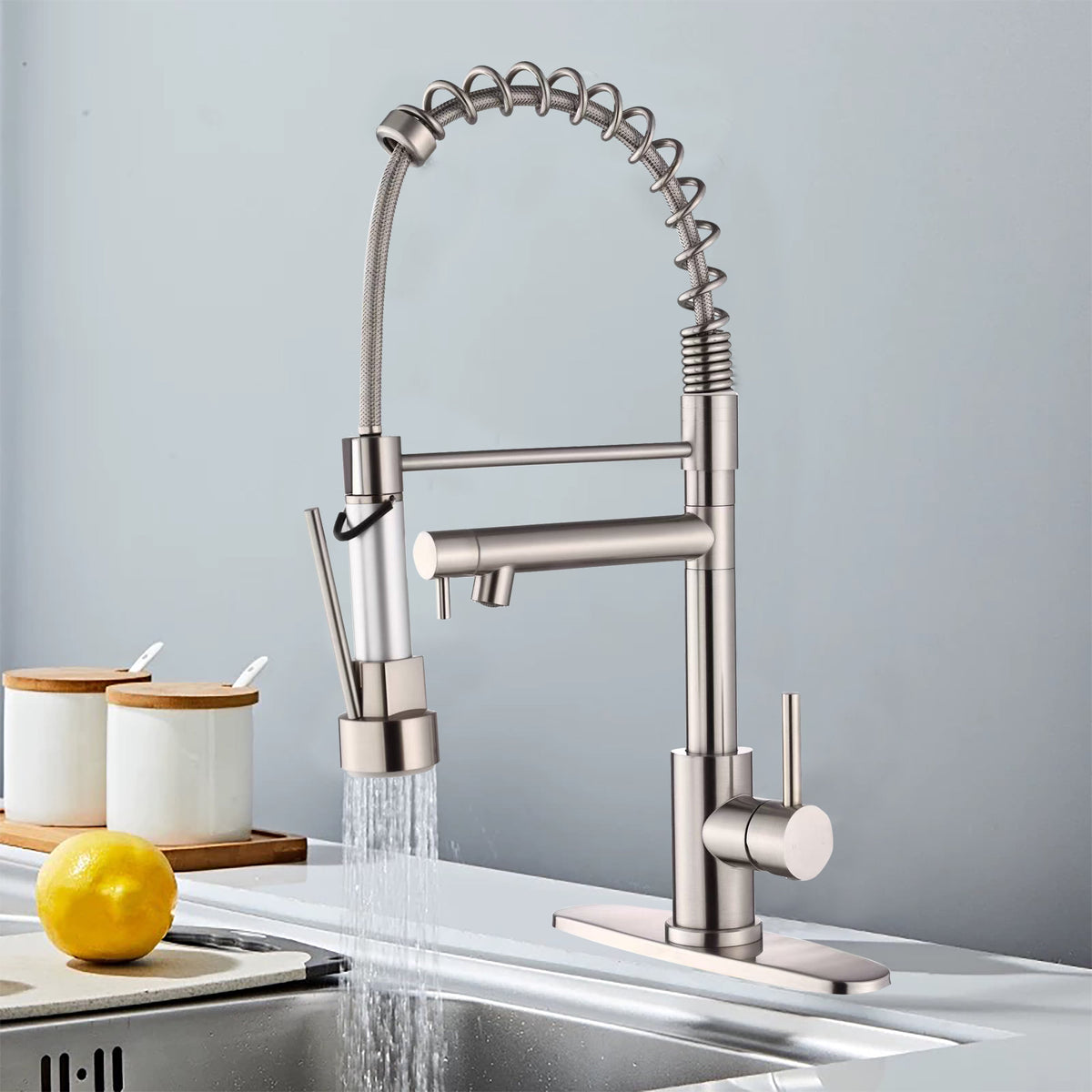 Kitchen Faucet with Pull Down Sprayer, Touch On Single Handle 2- Function Stainless Steel Spring Neck, Single Hole Installation for Residential, Commercial, RV, Bar & More, Brushed Nickel