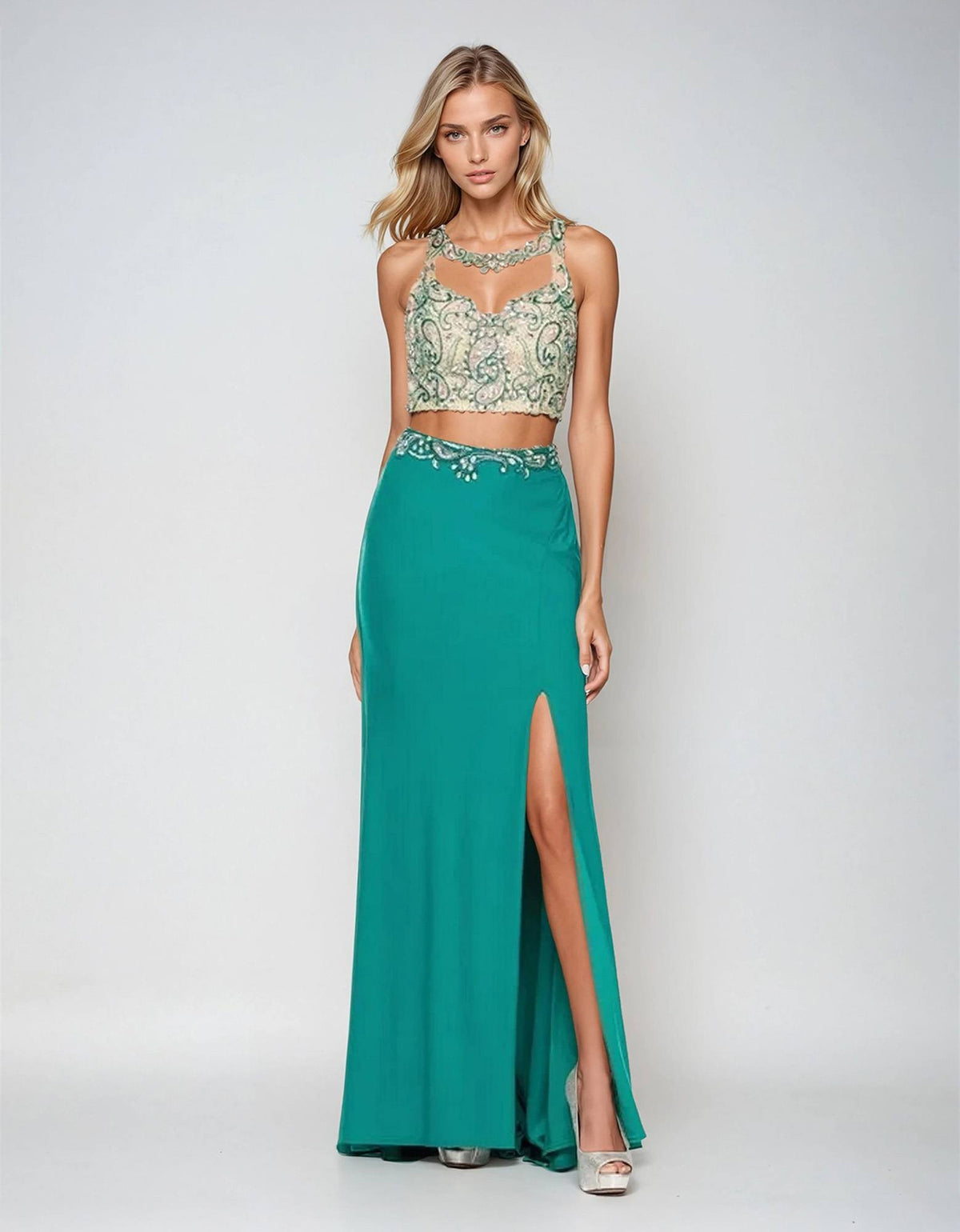 Juliet 595 Sexy Front Slit 2-Piece Dress Beads Illusion Neck