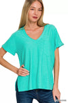 Zenana Slub Rolled Short Sleeve V-Neck Tee