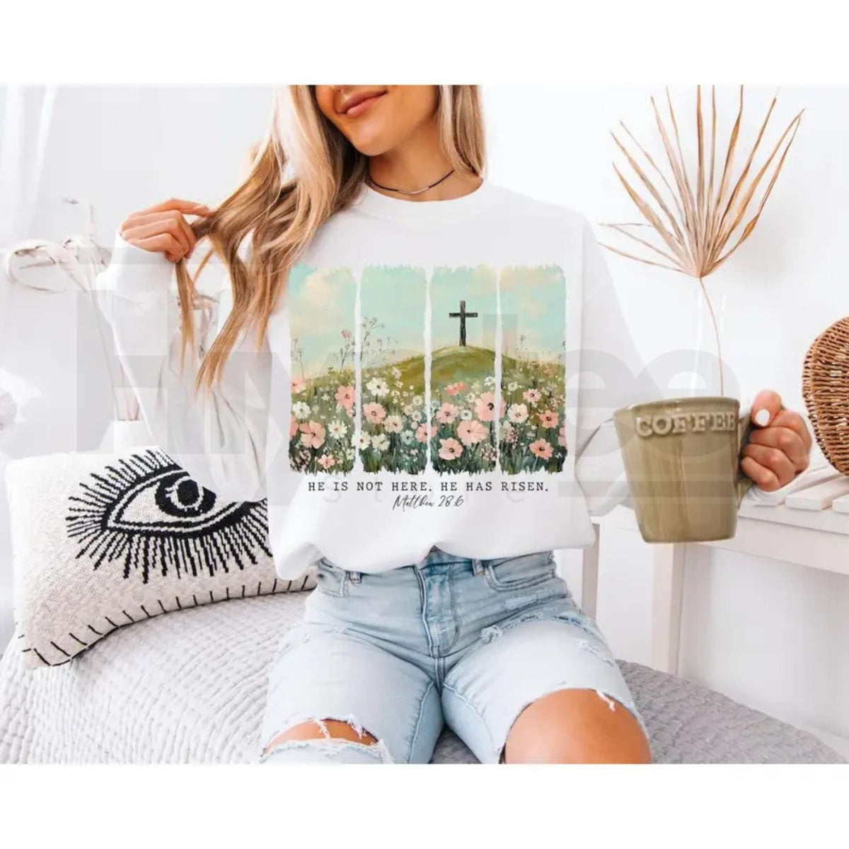 He Is Risen Wildflower Crewneck: Aesthetic Boho Christian Easter Sweatshirt