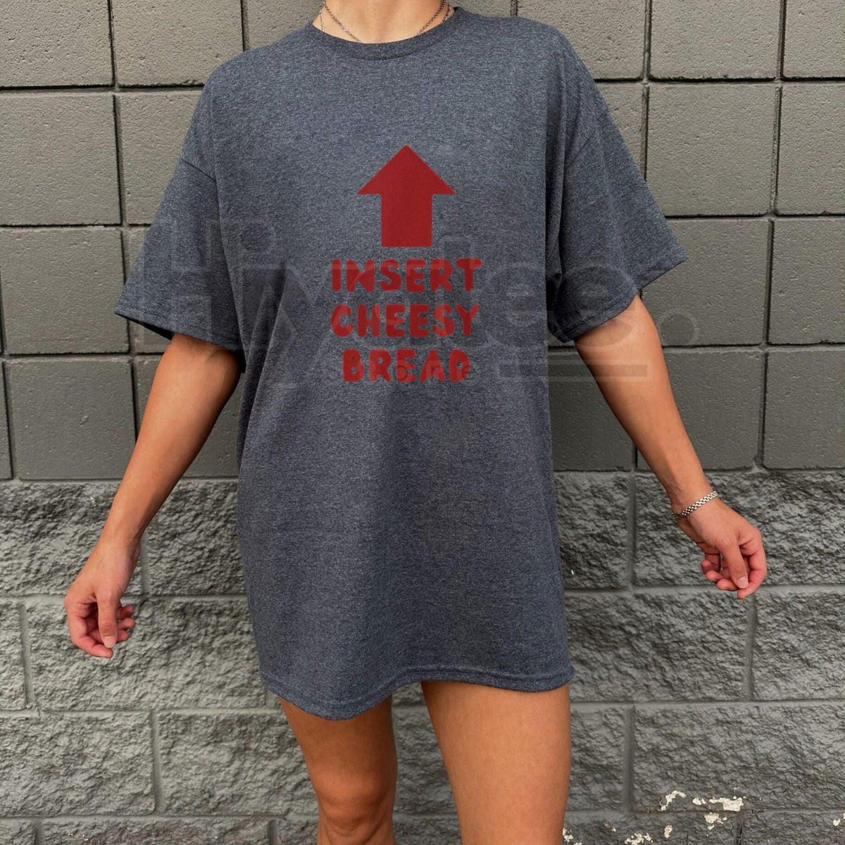 "Insert Cheesy Bread" Funny Foodie T-Shirt – Arrow Pointing To Mouth Graphic Tee