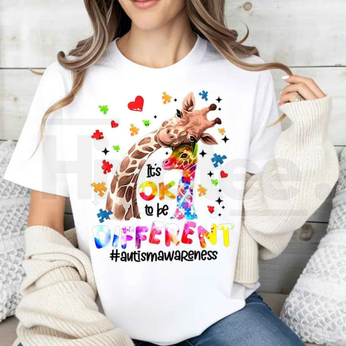 "Ok To Be Different" Giraffe – Autism Awareness Puzzle Hearts Women's Top