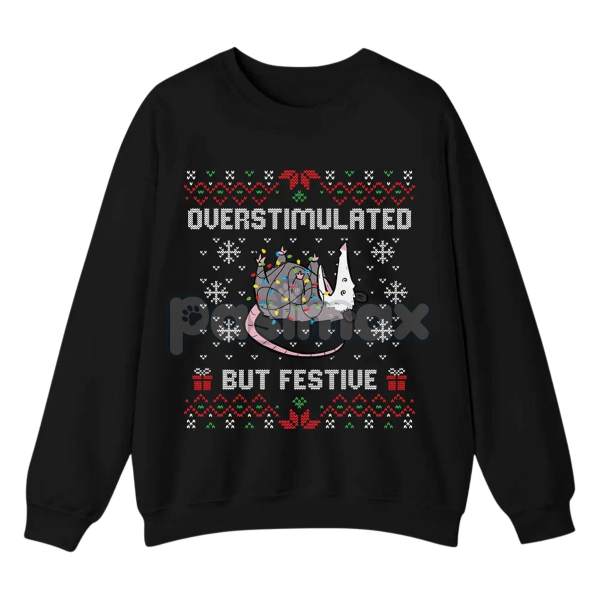 Funny Opossum Christmas Sweatshirt – "Overstimulated But Festive" Ugly Holiday Top