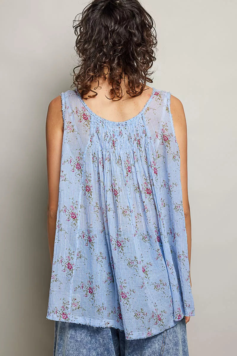 POL Round Neck Sleeveless Floral Pleated Cotton Top