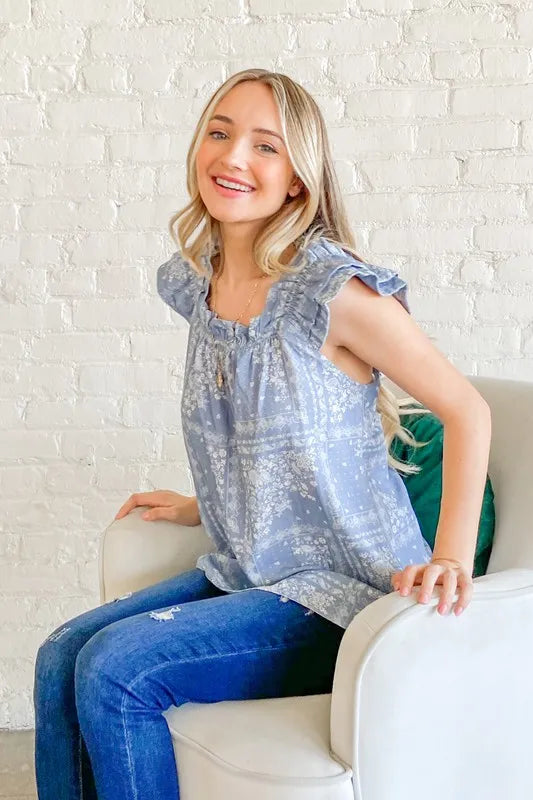 And The Why Boho Print Ruffle Baby Doll Tank Top