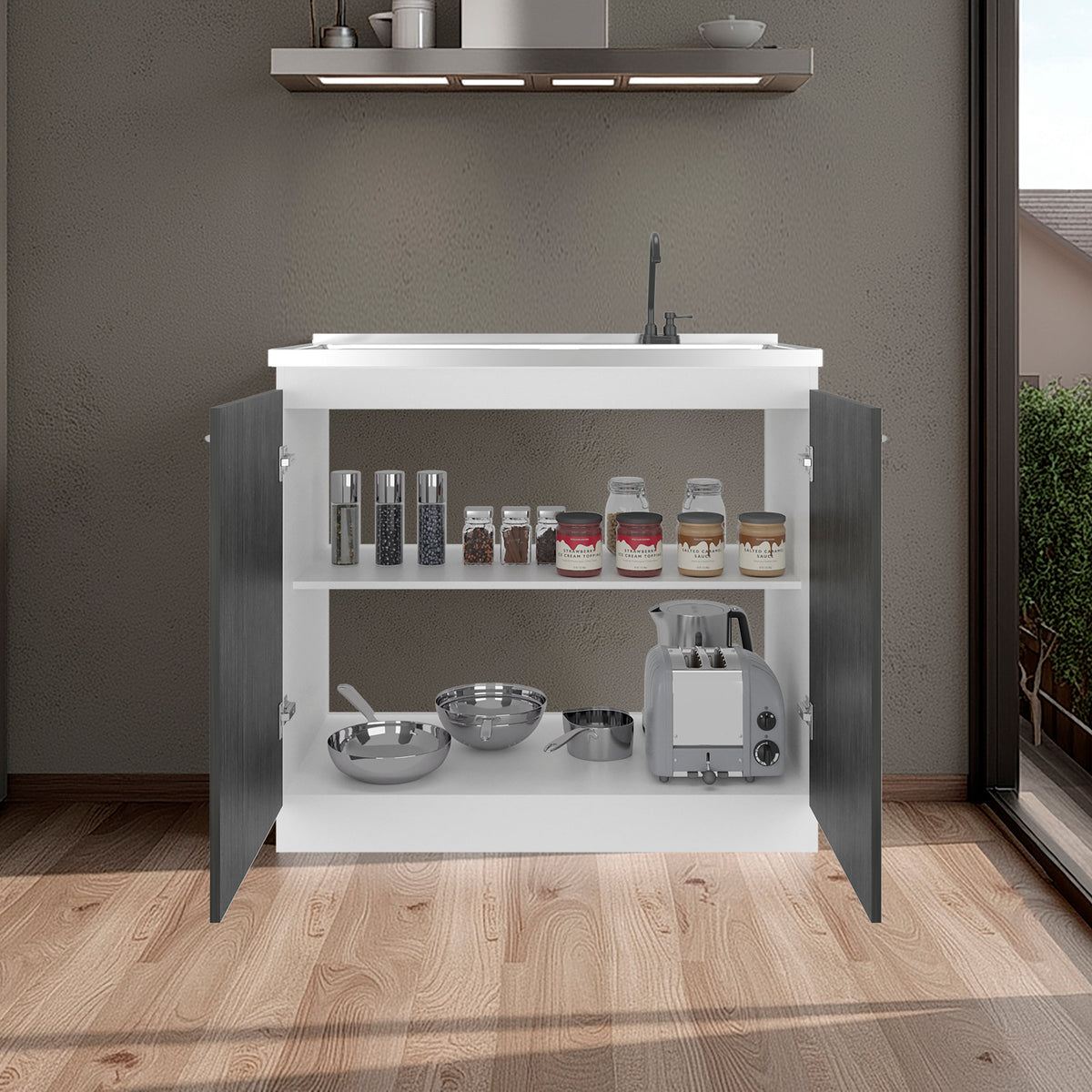 Napoles Utility Sink with Faucet Inclued and Integrated Stainless Steel Counter top, Freestanding cabinet with two doors, Metal Handles and Two interior shelves, Gray+White