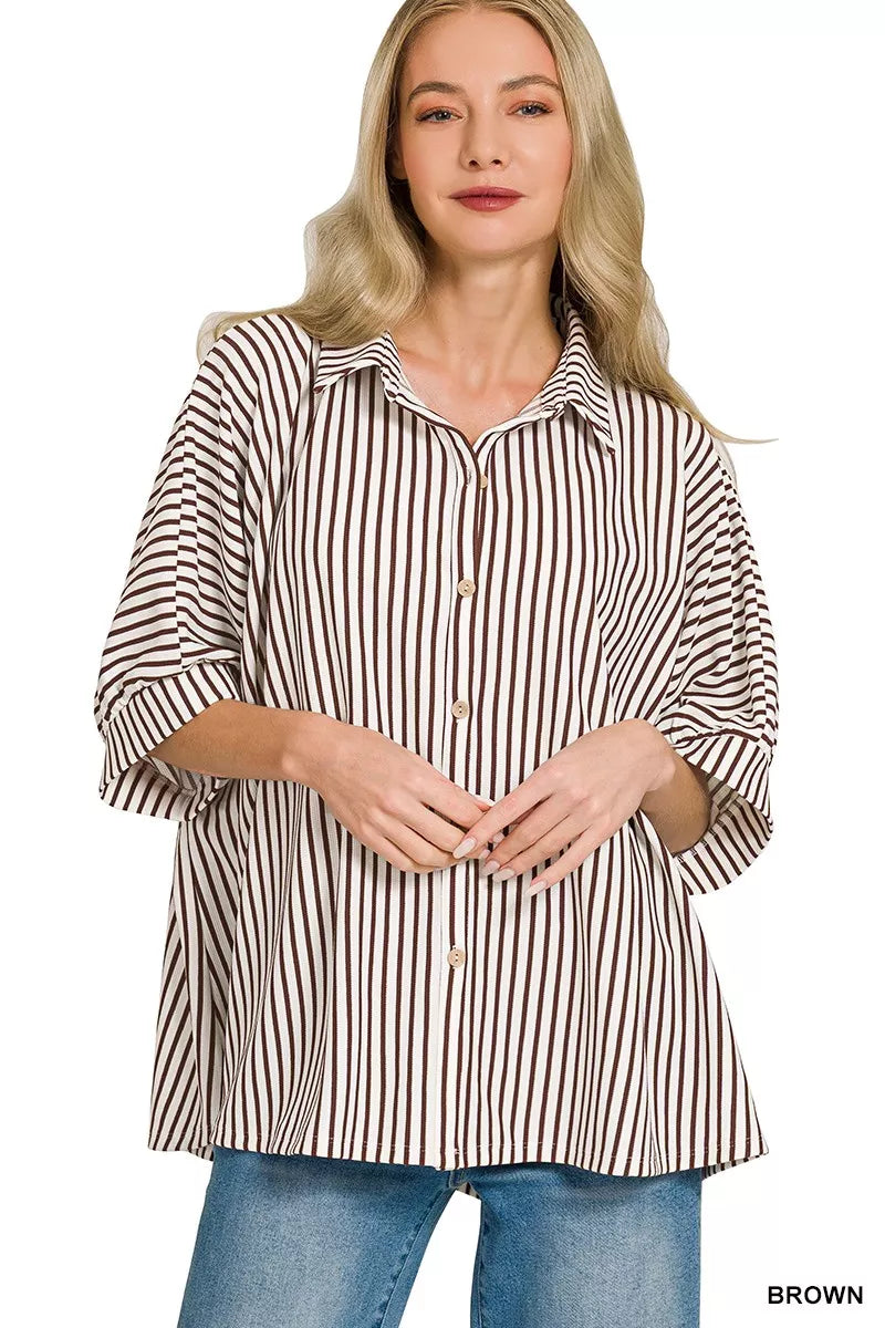 Zenana Oversized Stripe Button Down Shirt