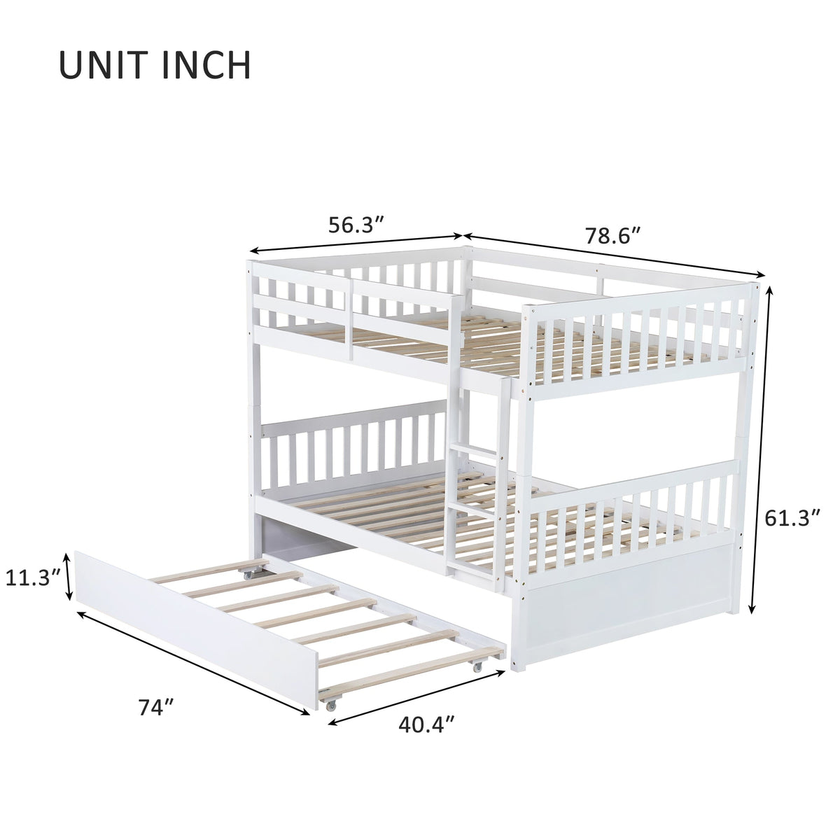Full Over Full Rubber Wood Bunk Bed with Trundle, Ladder and Guardrails, Convertible to 2 Full Size Beds, with Twin Size Trundle,White