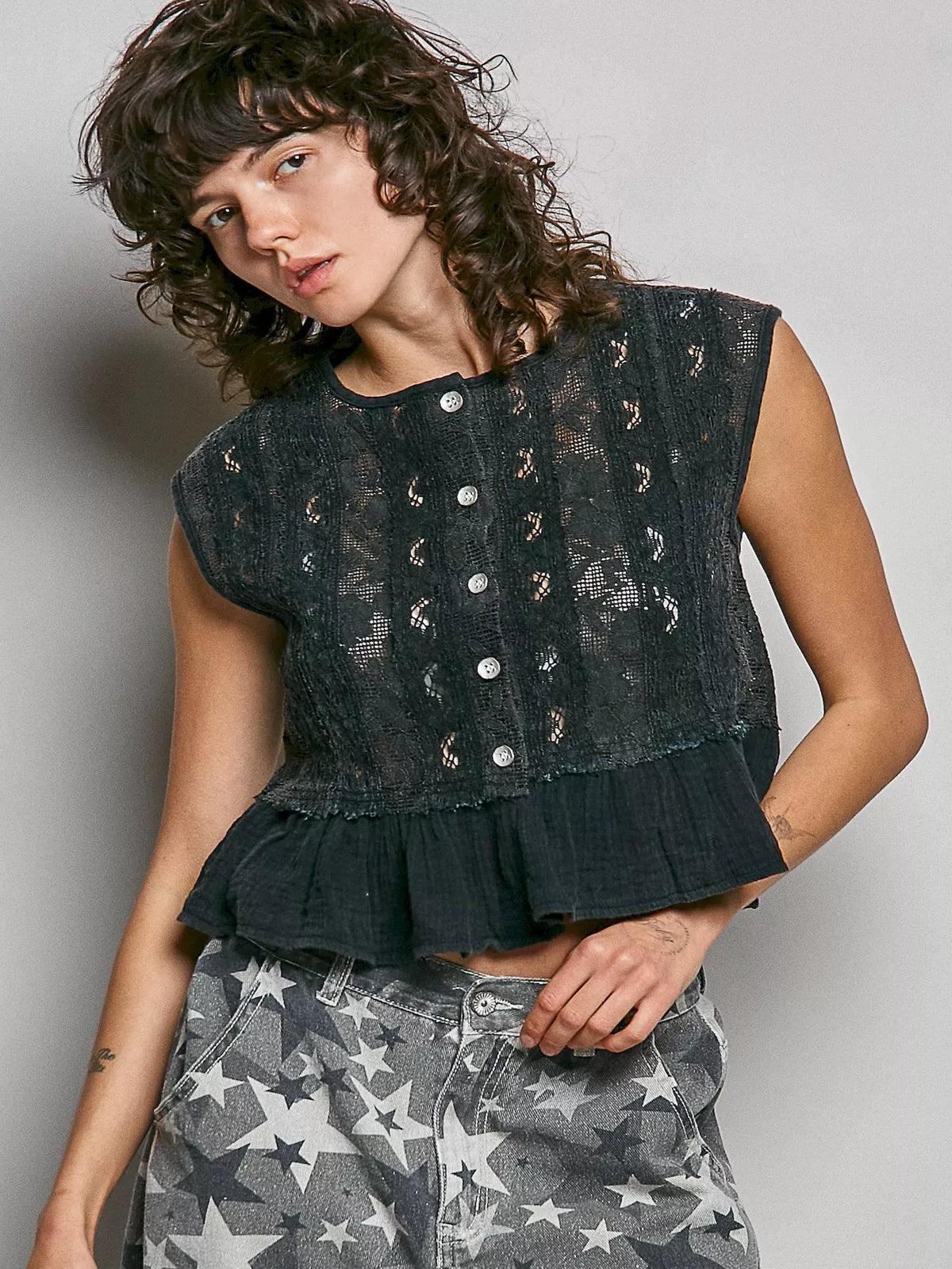 POL Round Neck Lace Sleeveless Top with Double Gauze Ruffle