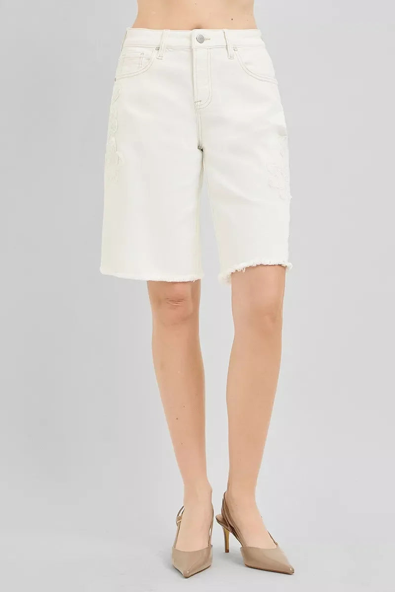 RISEN Slouchy Relaxed Floral Embroidered Bermuda Denim Shorts