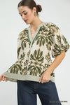 Umgee Mix Printed Puff Sleeve Top with Contrast Trim