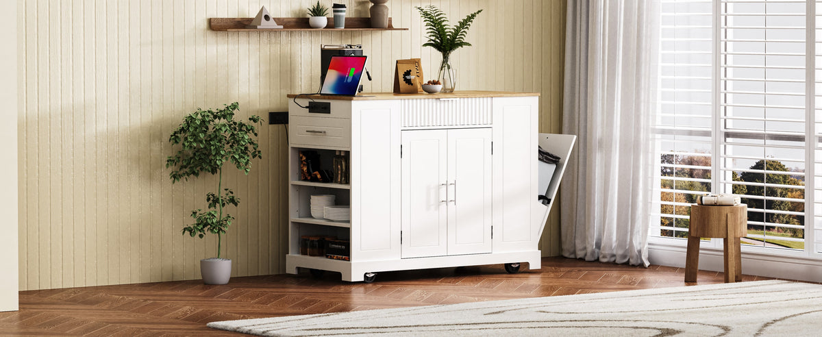 K&K Fluted Kitchen Island with Trash Can Storage Cabinet, Power Outlet, Internal Storage Rack, Rolling Kitchen Islands on 5 Wheels with 3 Drawer, 3 Open Side Racks for 10 Gallon Garbage Bin, White