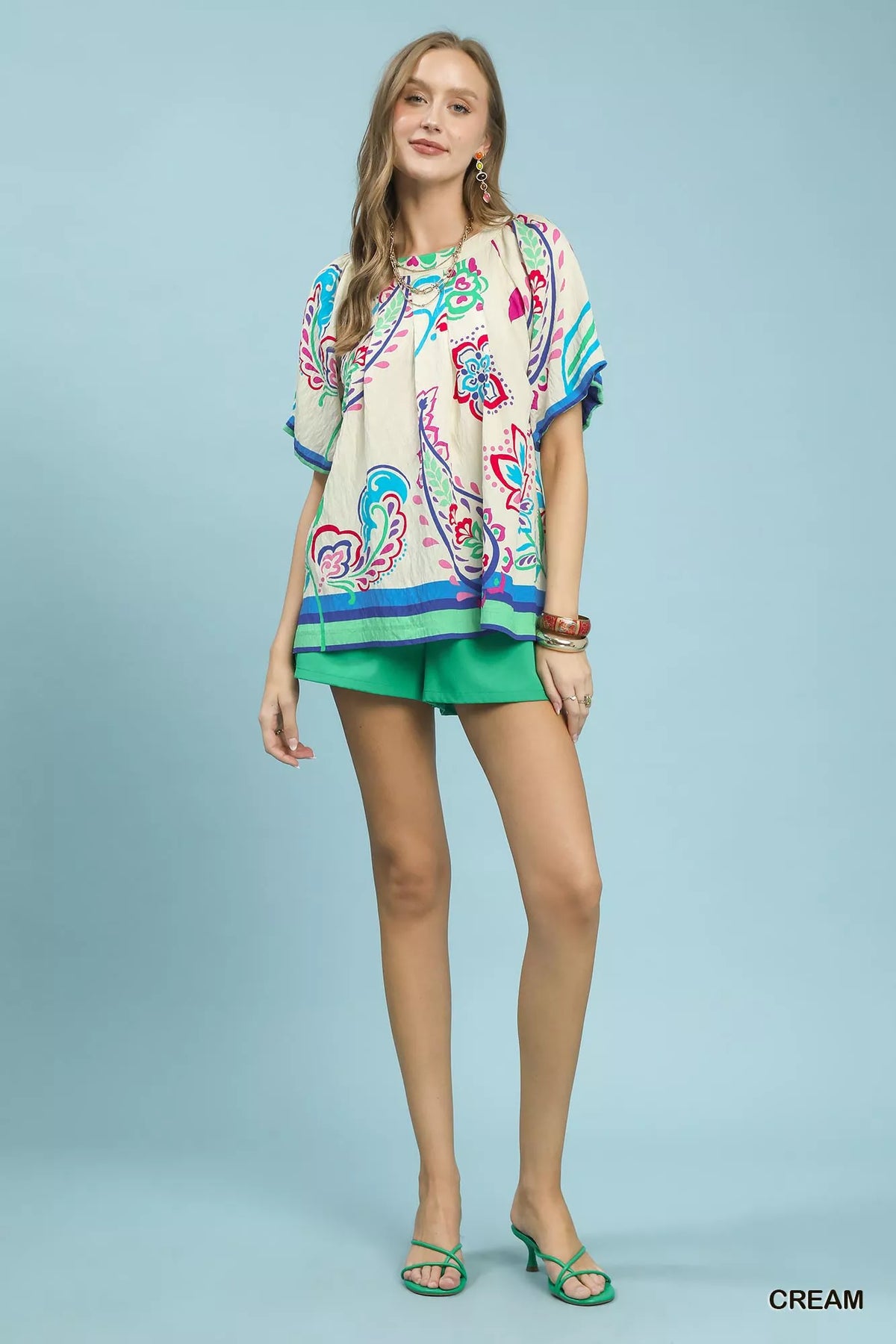 Umgee Border Print Puff Sleeve Blouse