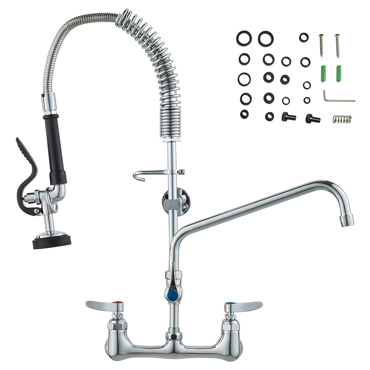 Commercial Faucet with Pre-Rinse Sprayer, 25' Height, 8' Center, 12' Swing Spout, Wall Mount Kitchen Sink Faucet, Brass Constructed Device with Pull Down Spray, for 1/2/3 Compartment Sink