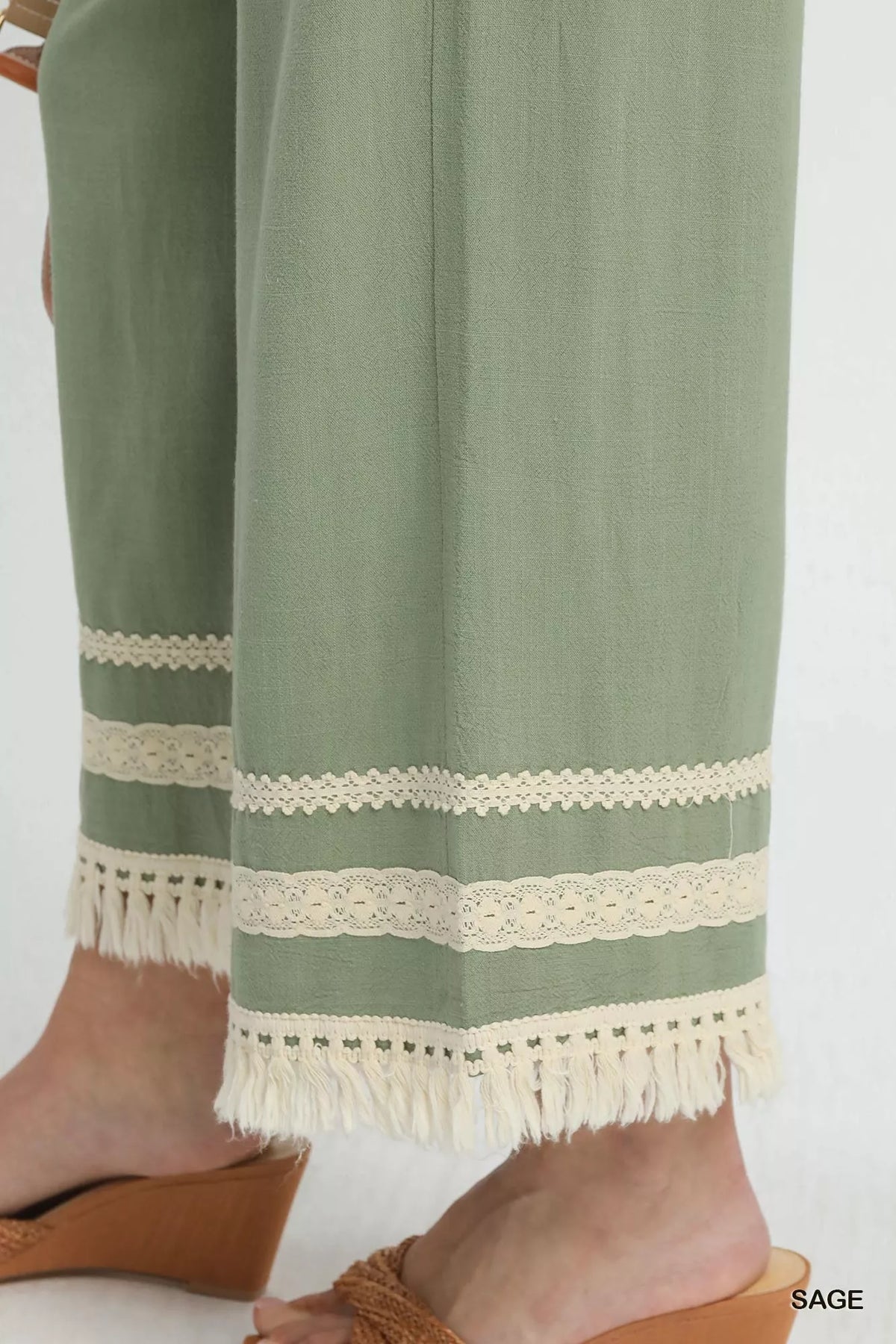 Umgee Lace Trim Fringe Hem Wide Leg Pants