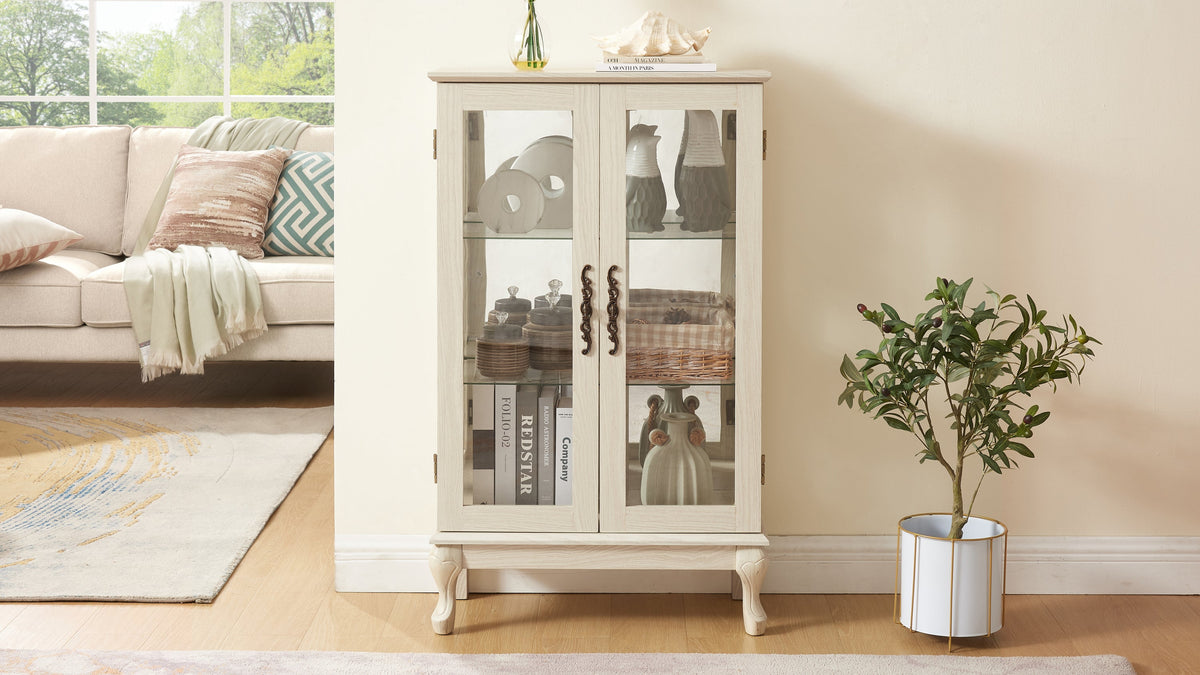 2 Doors Curio Cabinet with Tempered Glass Doors, Curio Cabinets with Mirrored Back Panel and Adjustable Shelves, Lighted Display Cabinet for Home, Office Light Bulb Included White