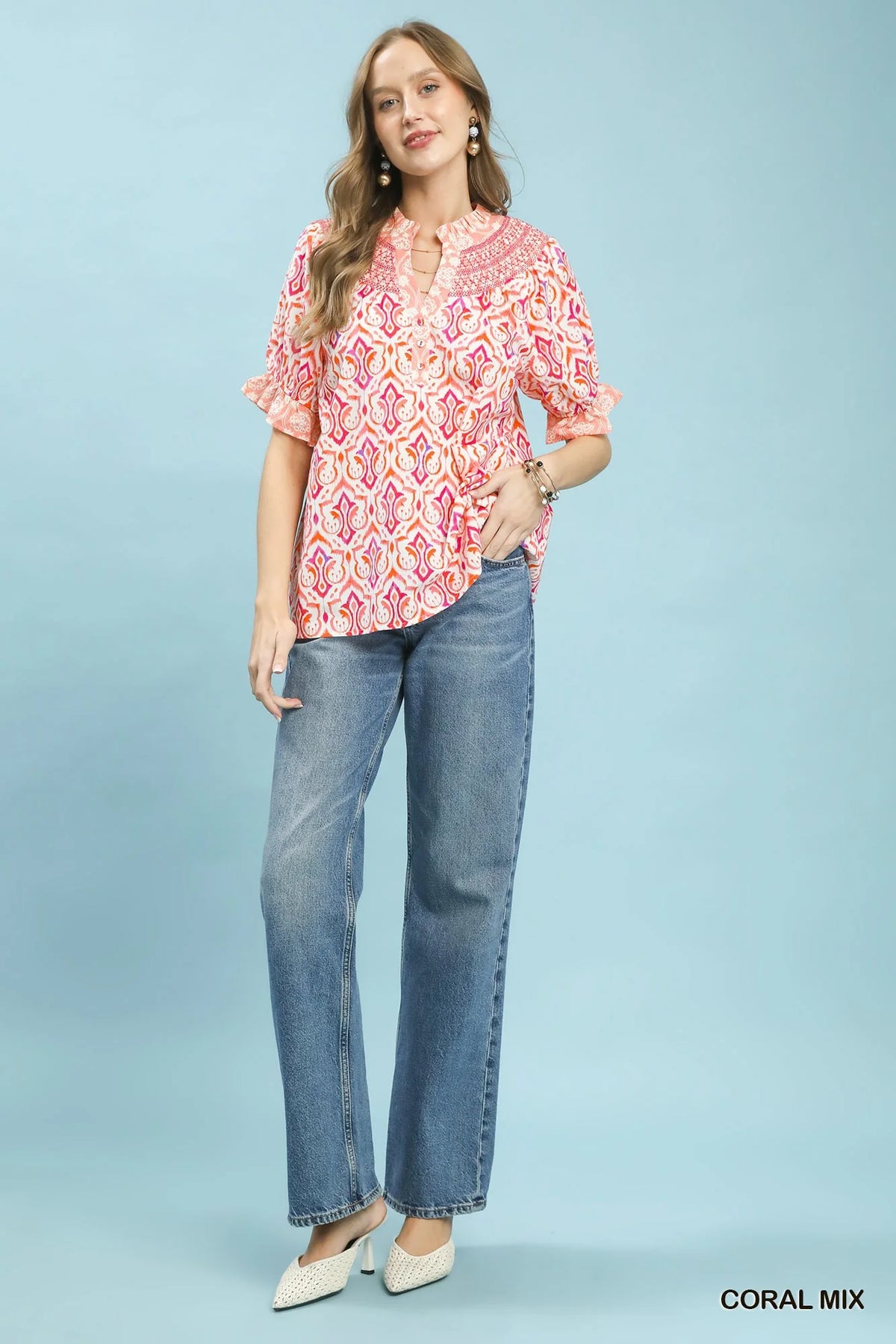 Umgee Mix Boho Puff Sleeve Smocked Top