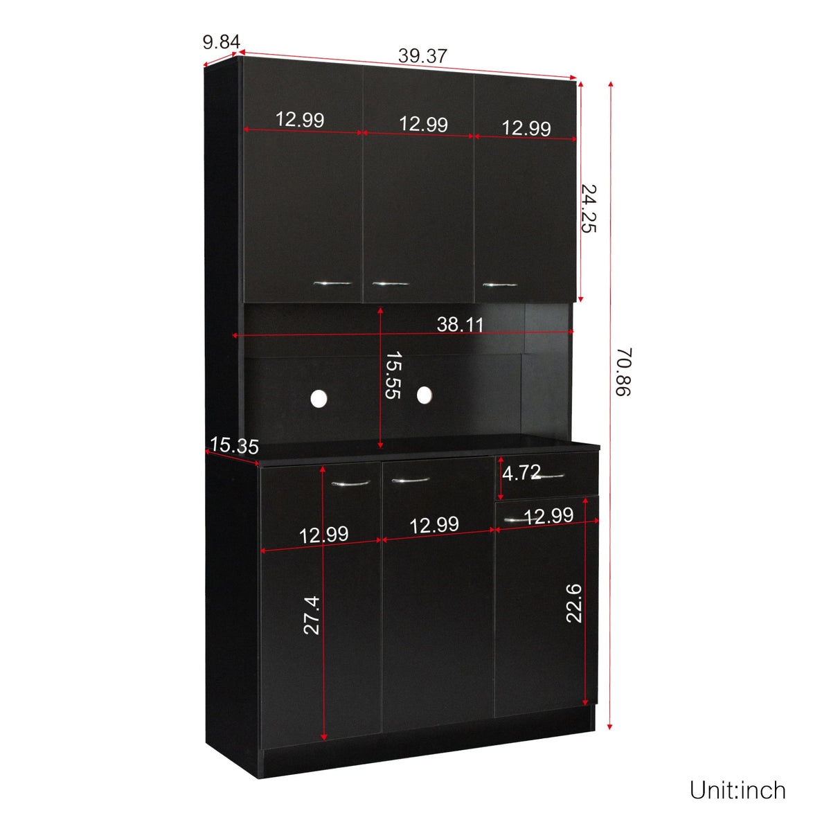 70.87' Tall Wardrobe& Kitchen Cabinet, with 6-Doors, 1-Open Shelves and 1-Drawer for bedroom,Black