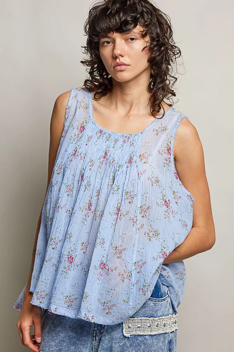 POL Round Neck Sleeveless Floral Pleated Cotton Top