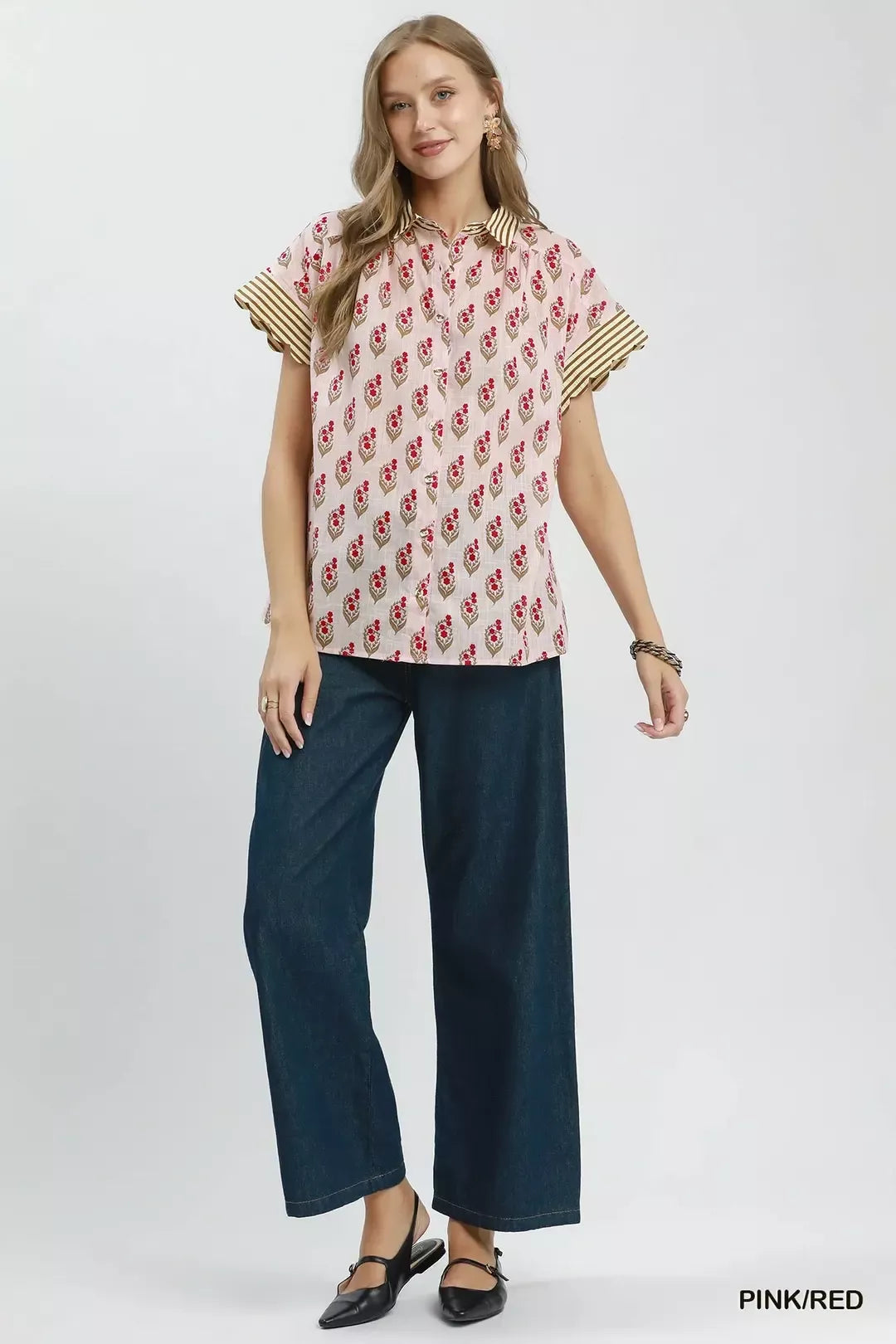 Umgee Block Print Button-Front Shirt with Contrast Stripe Point Collar