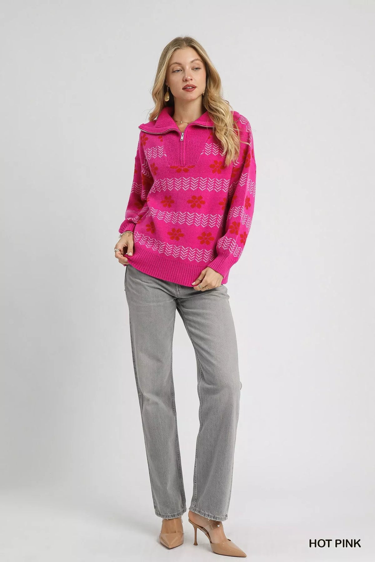 Umgee Floral Patterned Jacquard Quarter-Zip Pullover Sweater