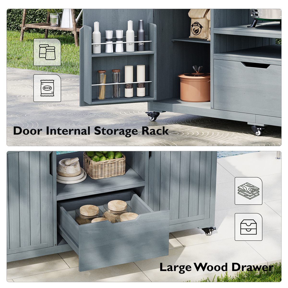 K&K 66.5' Outdoor Kitchen Island for Big Green Egg Grills, Solid Wood Outdoor Grill Cart for Tabletop Grill with Stainless Steel Top, Drawer, Compatible with Large Big Green Egg, Kamado Joe- Grey Blue