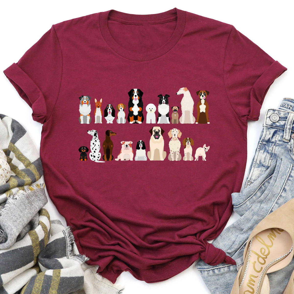 Dog Lovers Breeds Illustration Featuring Beloved Canines In Playful Portraits Graphic Tee