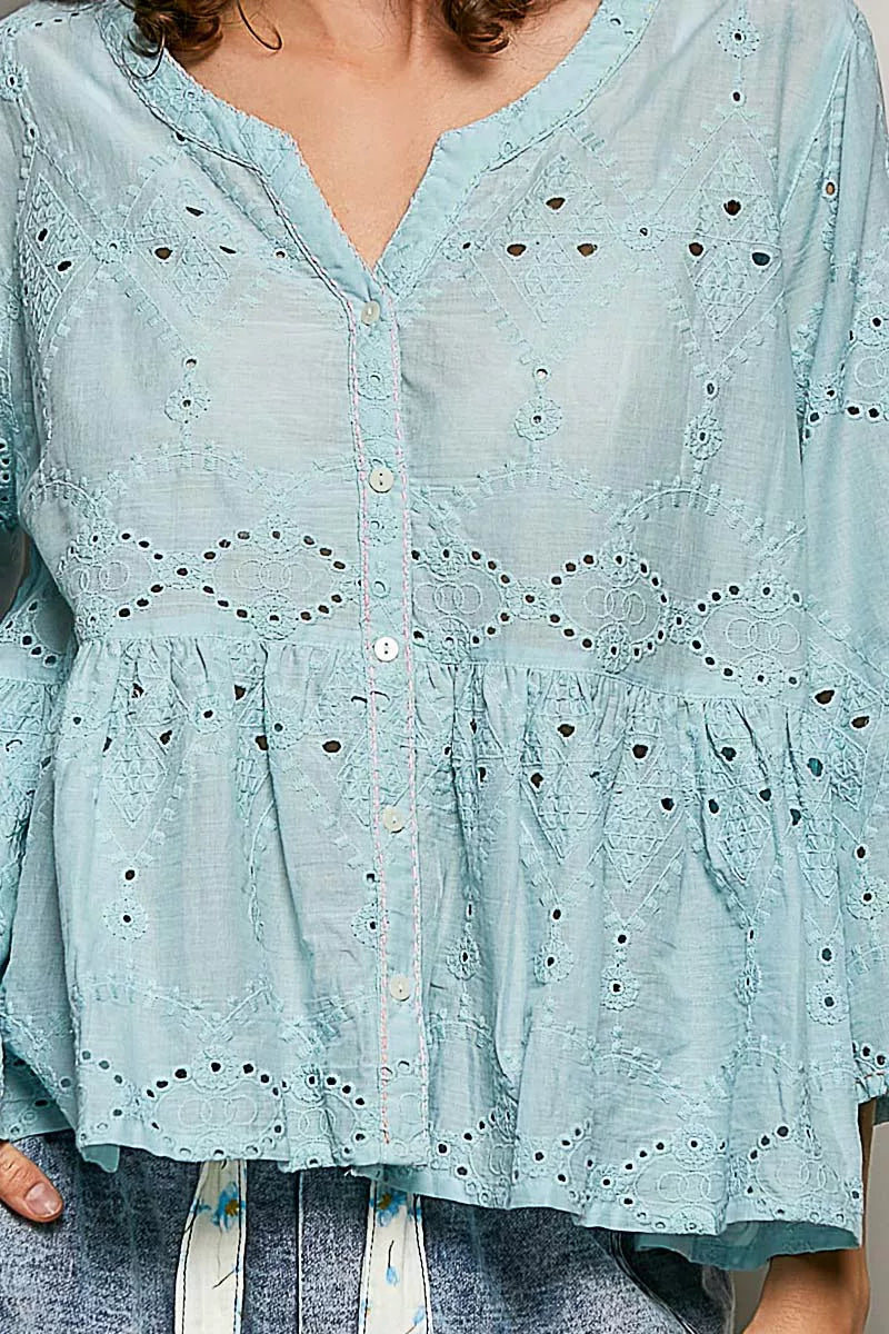 POL Eyelet Embroidery Peplum Button Front Cotton Shirt