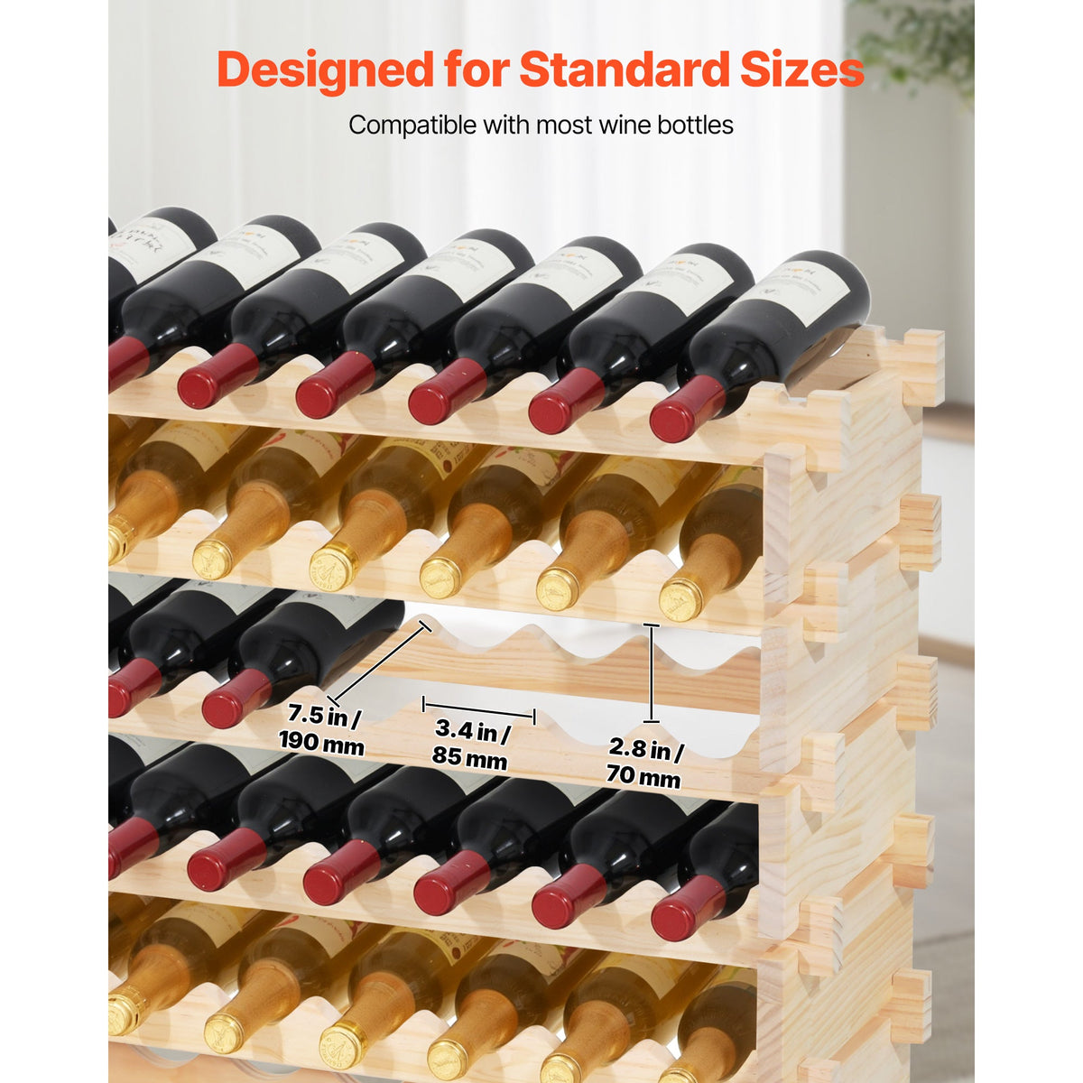 96 Bottle Stackable Modular Wine Rack, 8-Tier Wine Bottle Holder,Solid Wood Floor Freestanding Wine Storage Rack For Pinot Noir bottles,For Kitchen, Cellar, and Bar, Natural