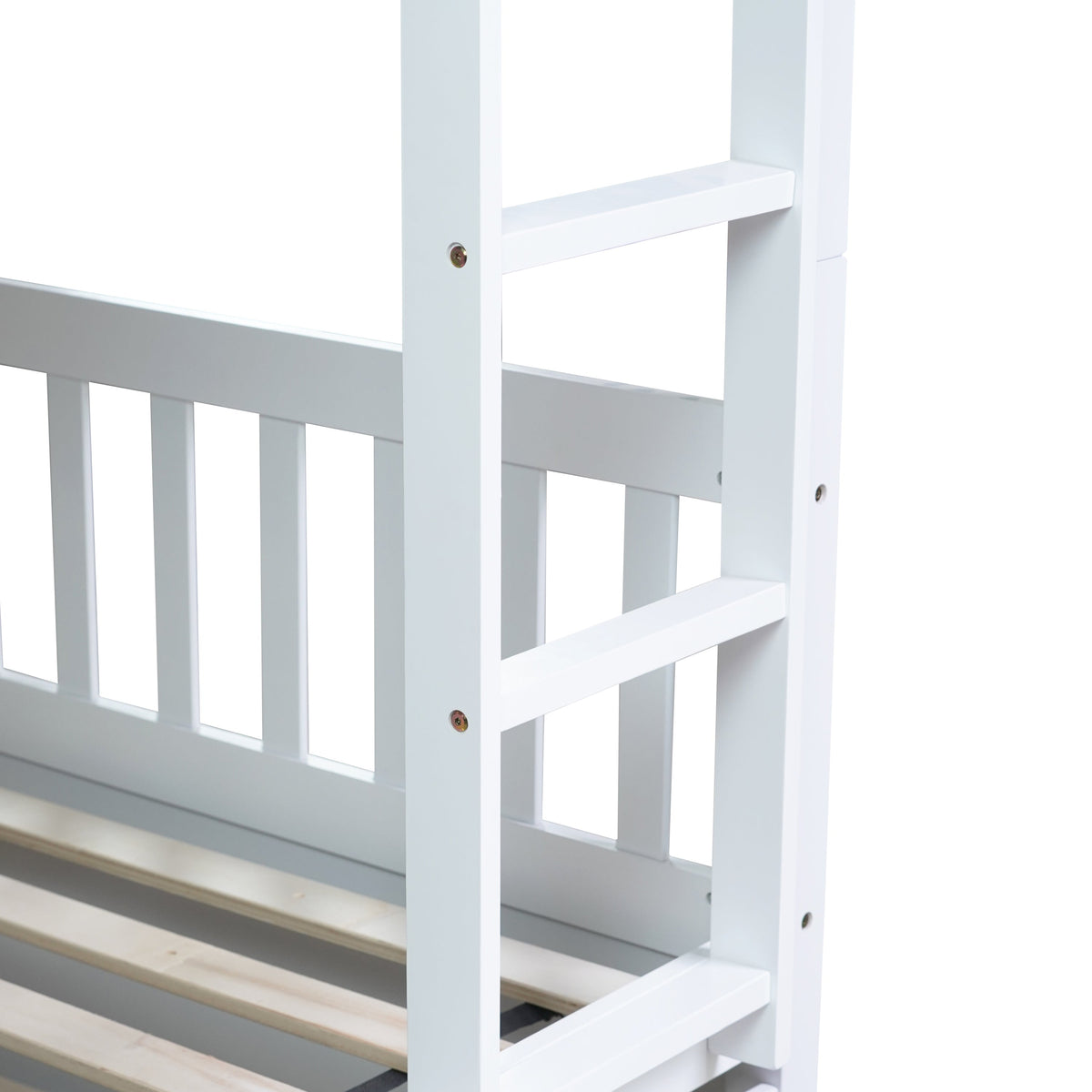 Full Over Full Rubber Wood Bunk Bed with Trundle, Ladder and Guardrails, Convertible to 2 Full Size Beds, with Twin Size Trundle,White