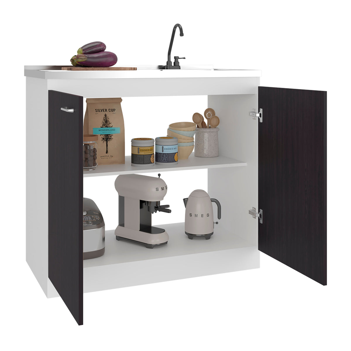 Salento Freestanding Sink, Double Door Cabinet, Two Shelves, White / Black Wengue