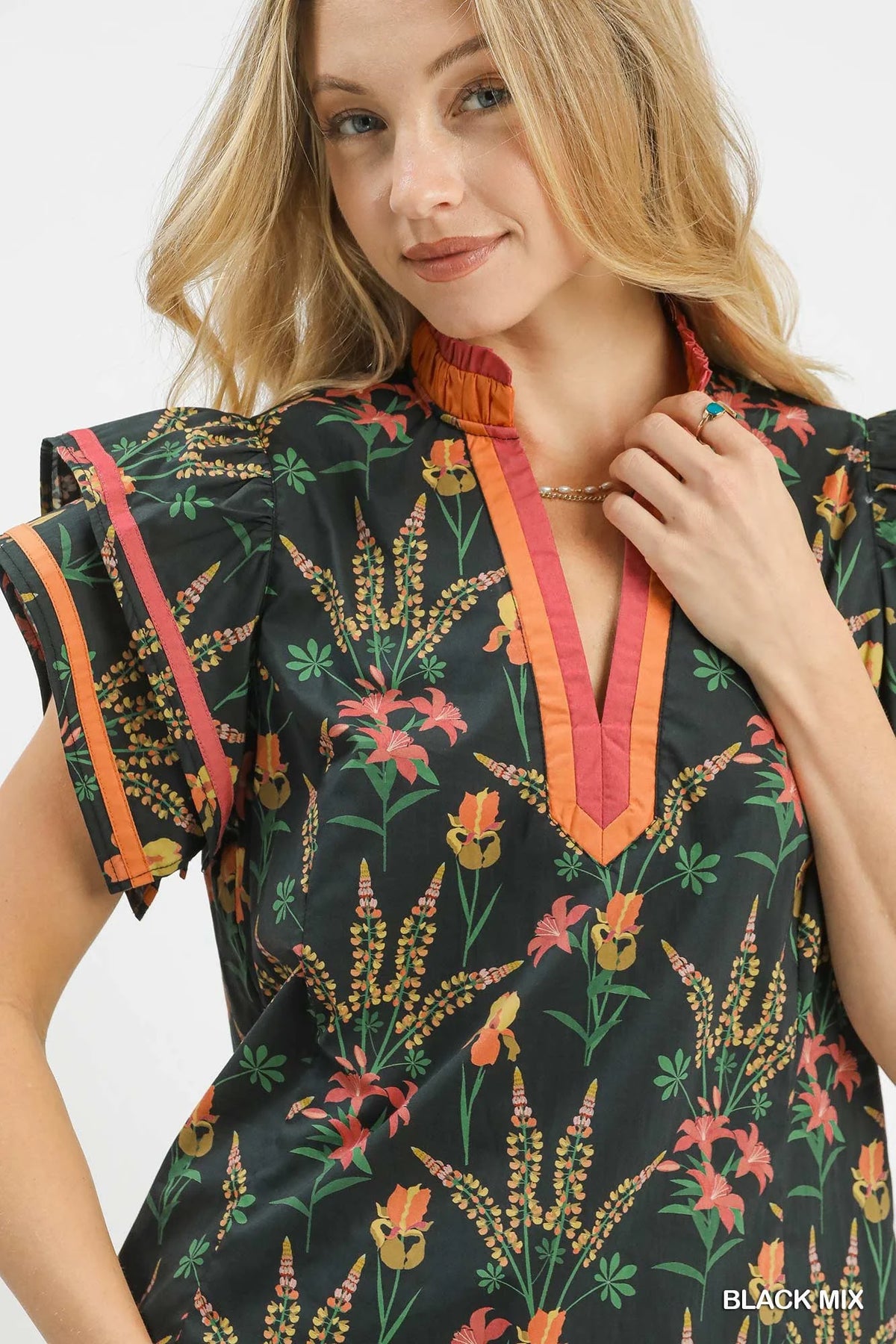Umgee Mix Floral Print Blouse with Contrast Trim