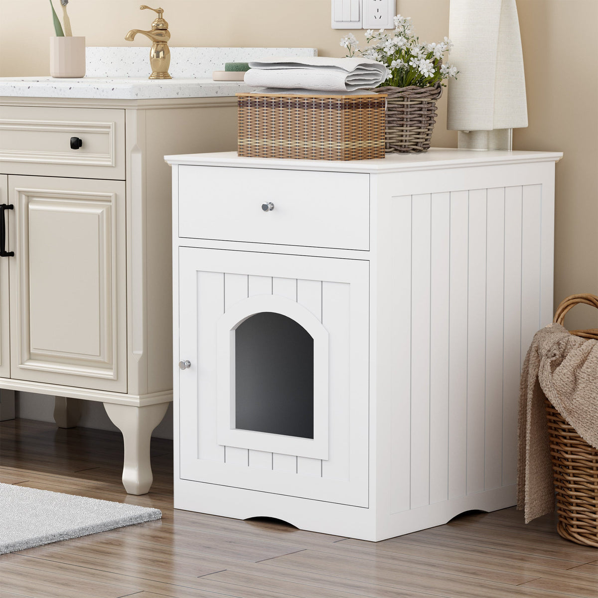 White Wooden Pet House Cat Litter Box Enclosure with Drawer and Side Table, Indoor Cat Home Nightstand for Small Cats, MDF Construction, 18.9'' W x 20.9'' D x 25'' H