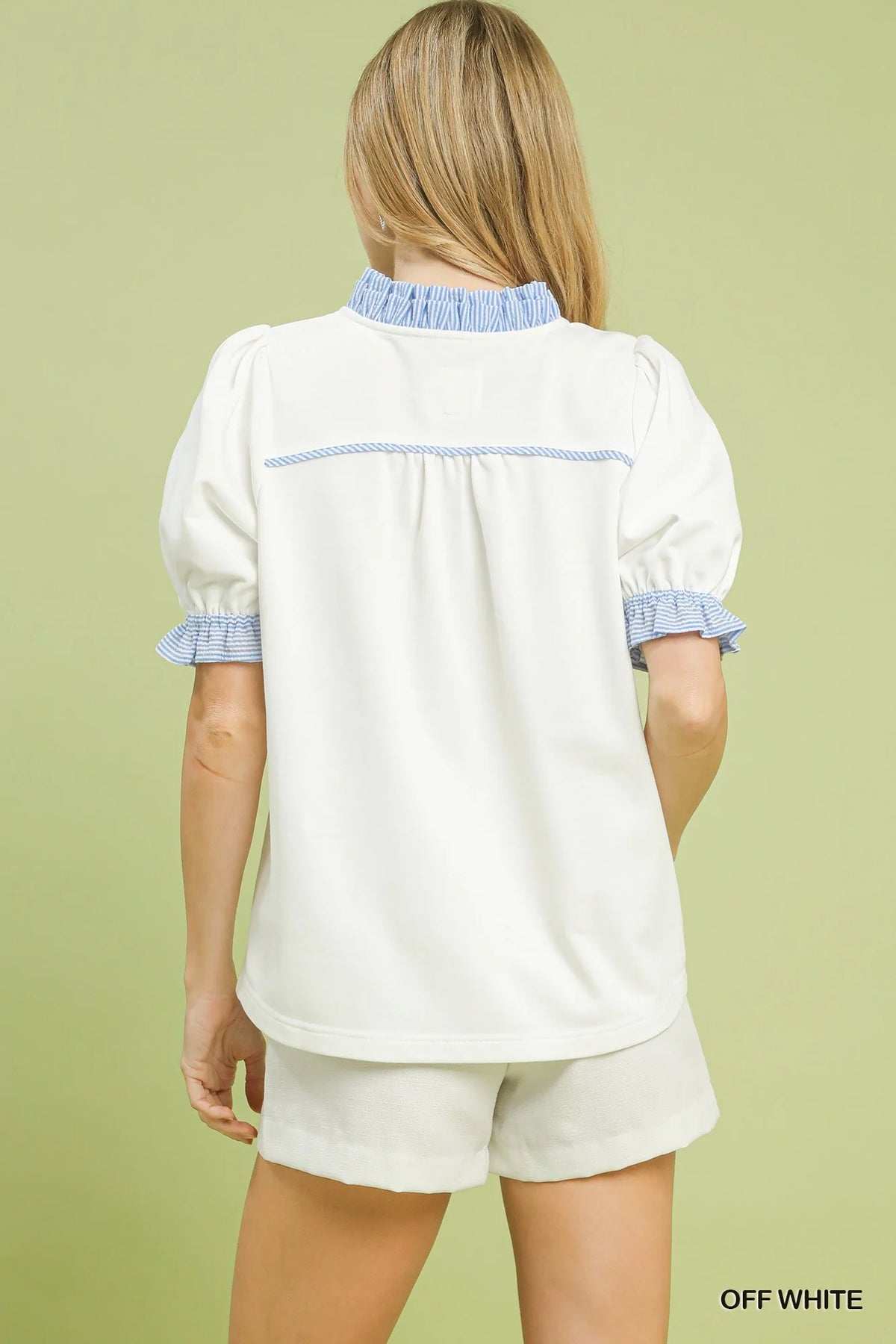 Umgee French Terry Ruffle Trim Puff Sleeve Top