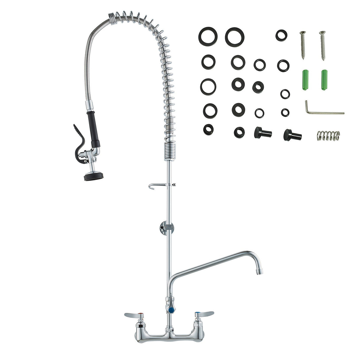 Commercial Faucet with Pre-Rinse Sprayer, 44' Height, 8' Center, 12' Swing Spout, Wall Mount Kitchen Sink Faucet, Brass Constructed Device with Pull Down Spray, for 1/2/3 Compartment Sink