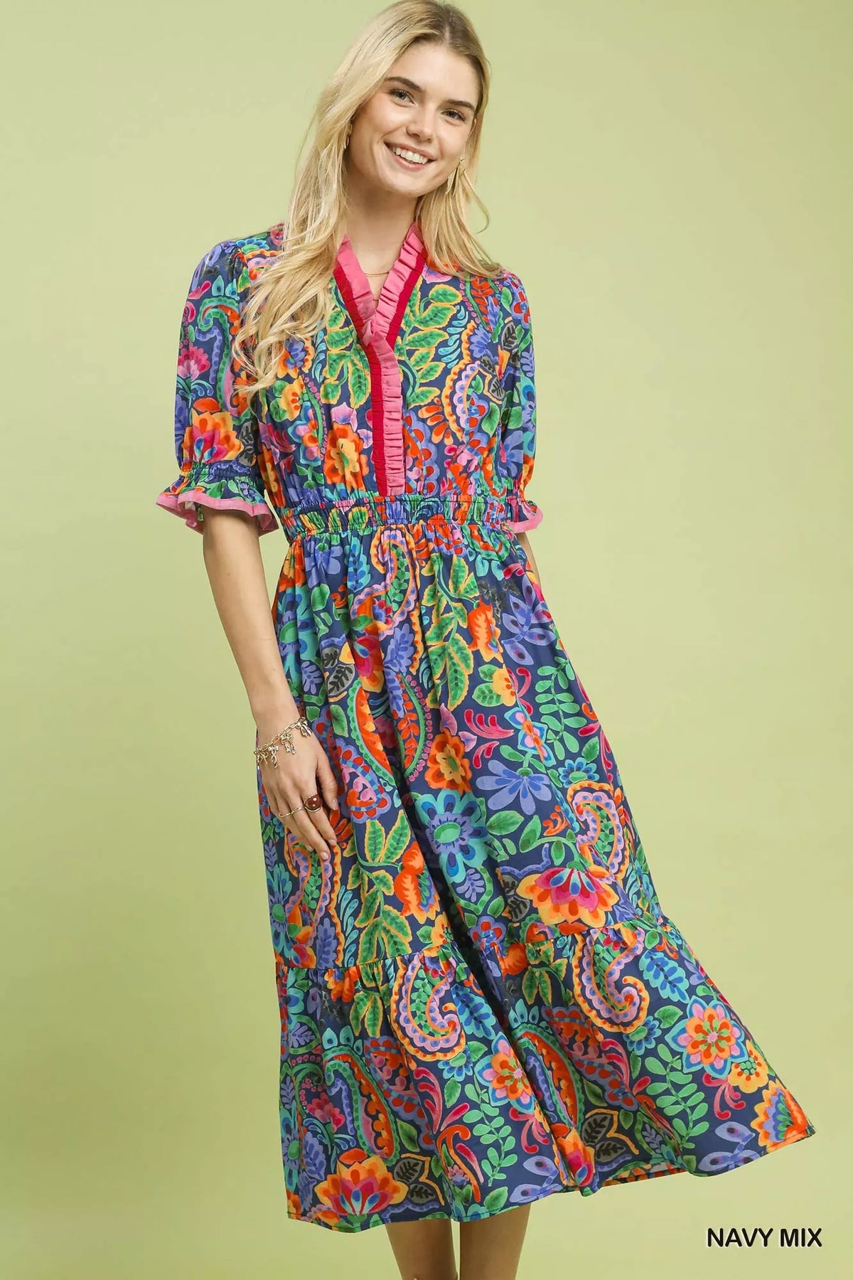 Umgee Mix Floral Midi Dress with Ruffle Trim