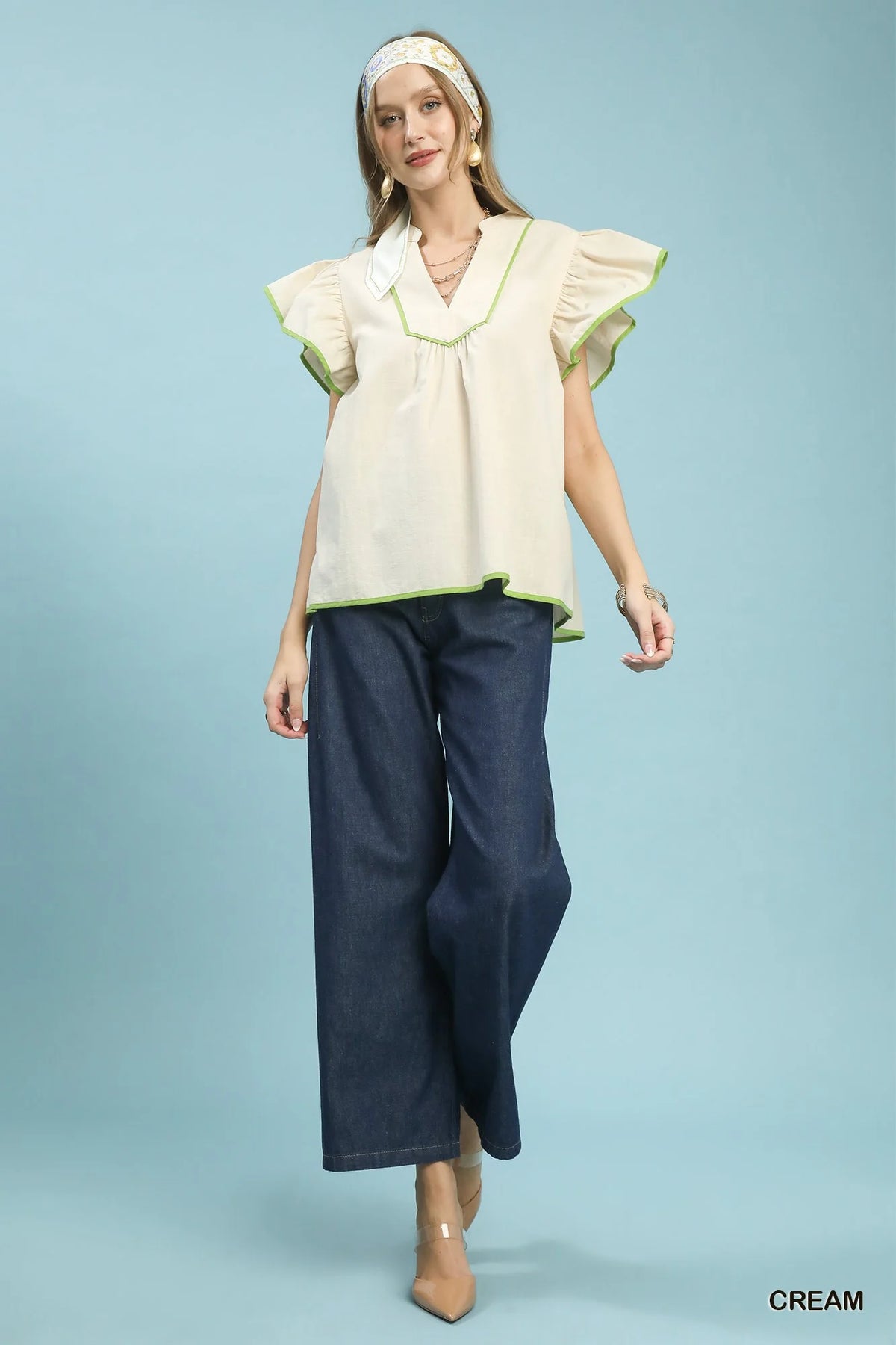 Umgee Contrast Trim Babydoll Blouse