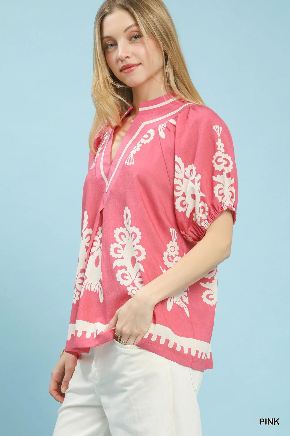 Umgee Boho Print Split-Neck Short Sleeve Top