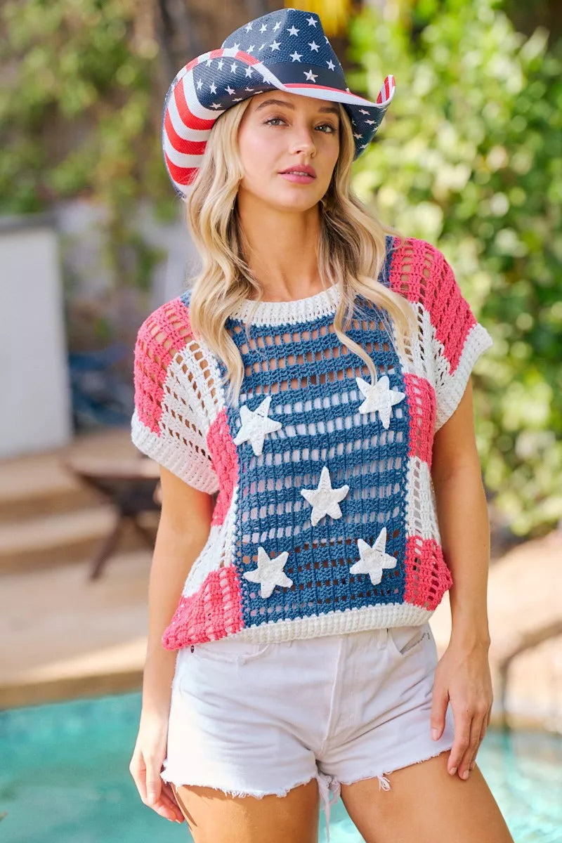 BiBi Crochet Star Patches 4th Of July Sweater Cover Up