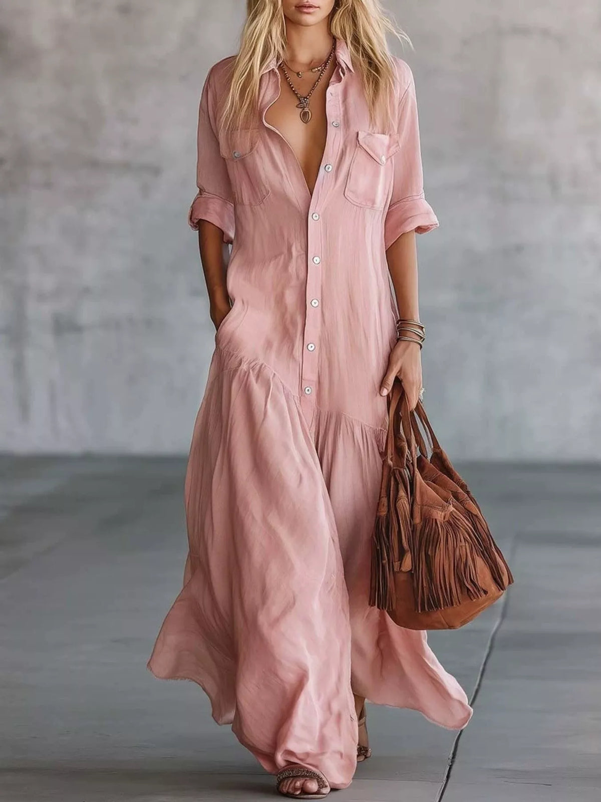 Full Size Button Front Roll-Up Sleeve Maxi Dress Plus Size