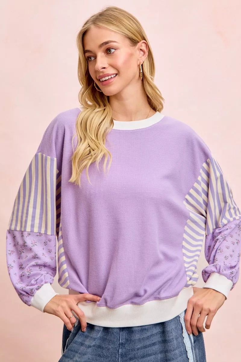 BiBi Mix and Match Sweatshirt with Floral Sleeve Striped